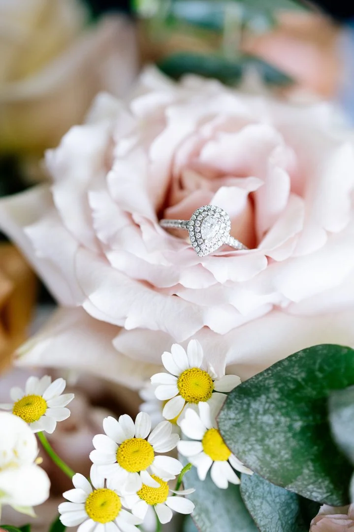 A sparkling engagement ring with diamonds resting on a pink rose surrounded by small white daisies and green leaves.