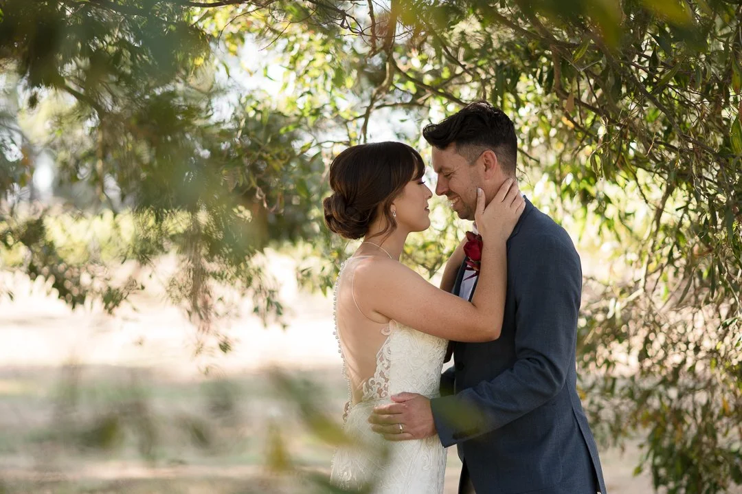 A bride and groom share an intimate moment outdoors, holding each other close with their foreheads touching amidst tree branches and greenery.
