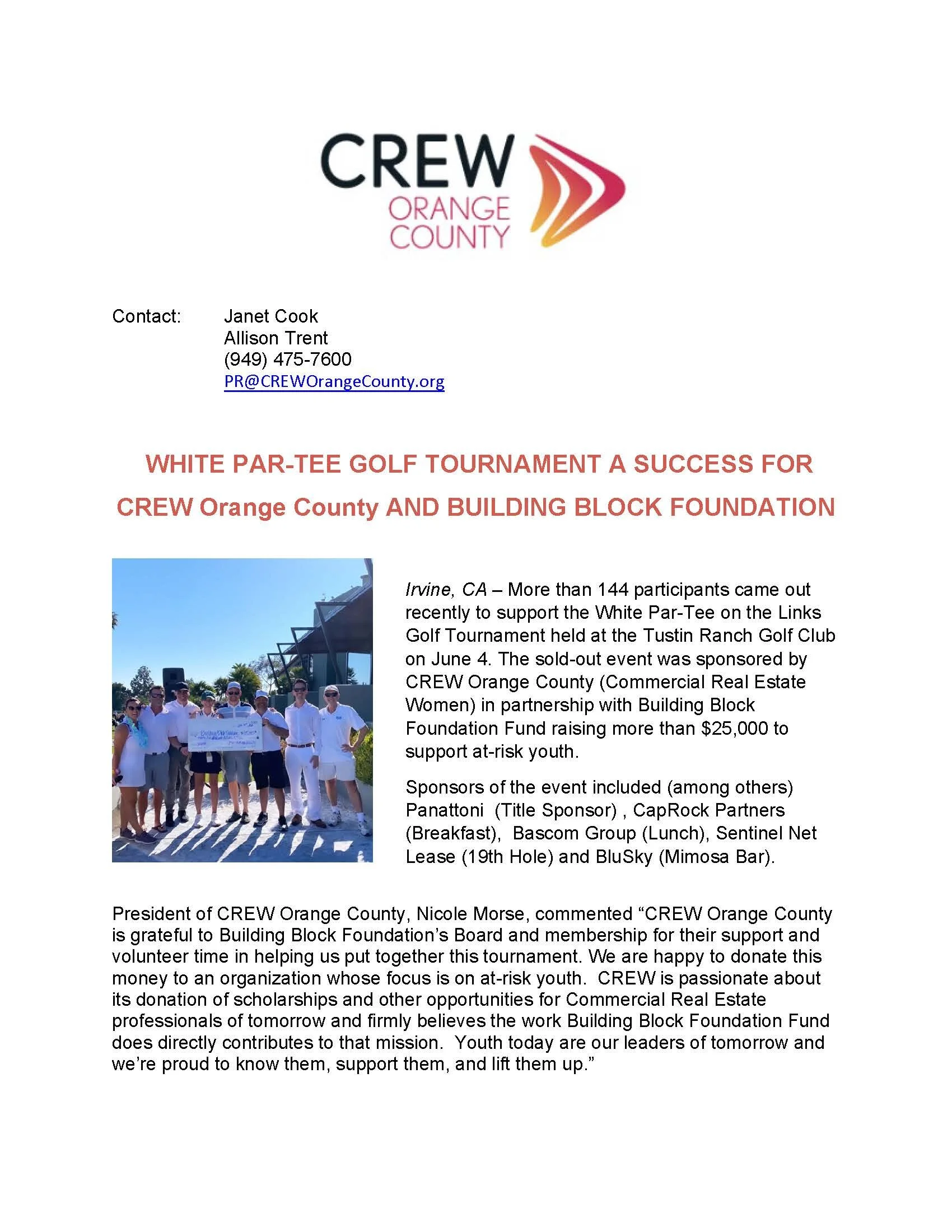White Par-Tee Golf Tournament a Success for CREW Orange County and Building Block Foundation Fund 