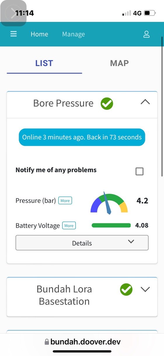 Doover app showing bore pressure