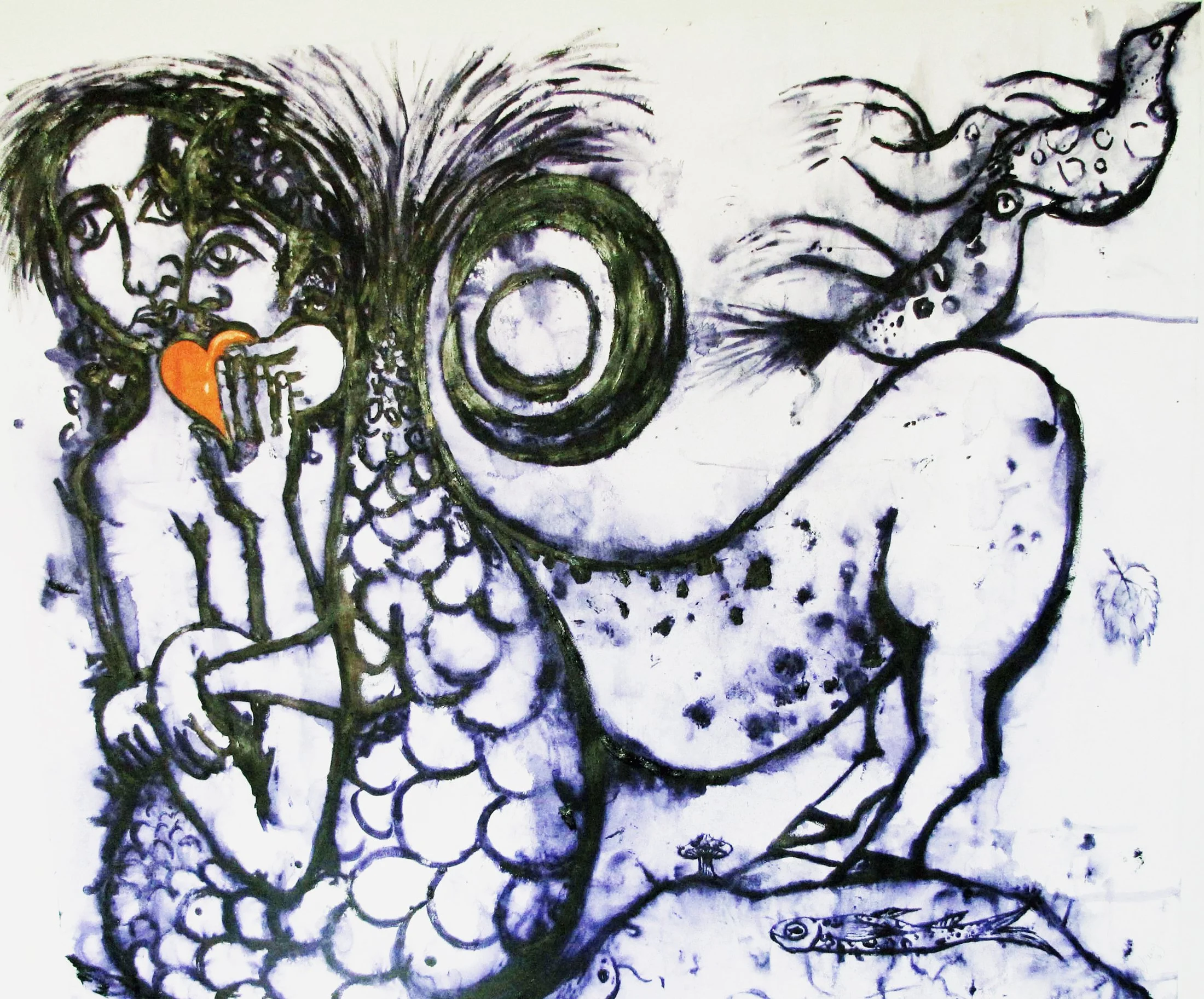 "Startled Lovebirds", 2015; Original One-Off Monotype Painting mounted on canvas: 160cm wide x 140cm high