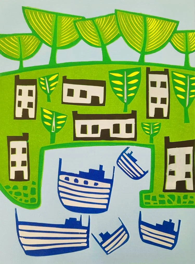 "Seaside Boats", 2023; Original Limited Edition Lino Print; Edition of 10; 20cm wide x 30cm high