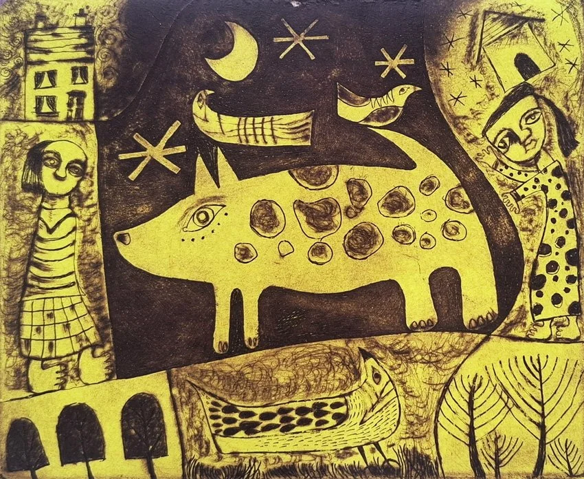 "Lone Moon Dog Bark", 2025; Original Limited Edition Etching; Edition of 10; 20cm wide x 16.5cm high