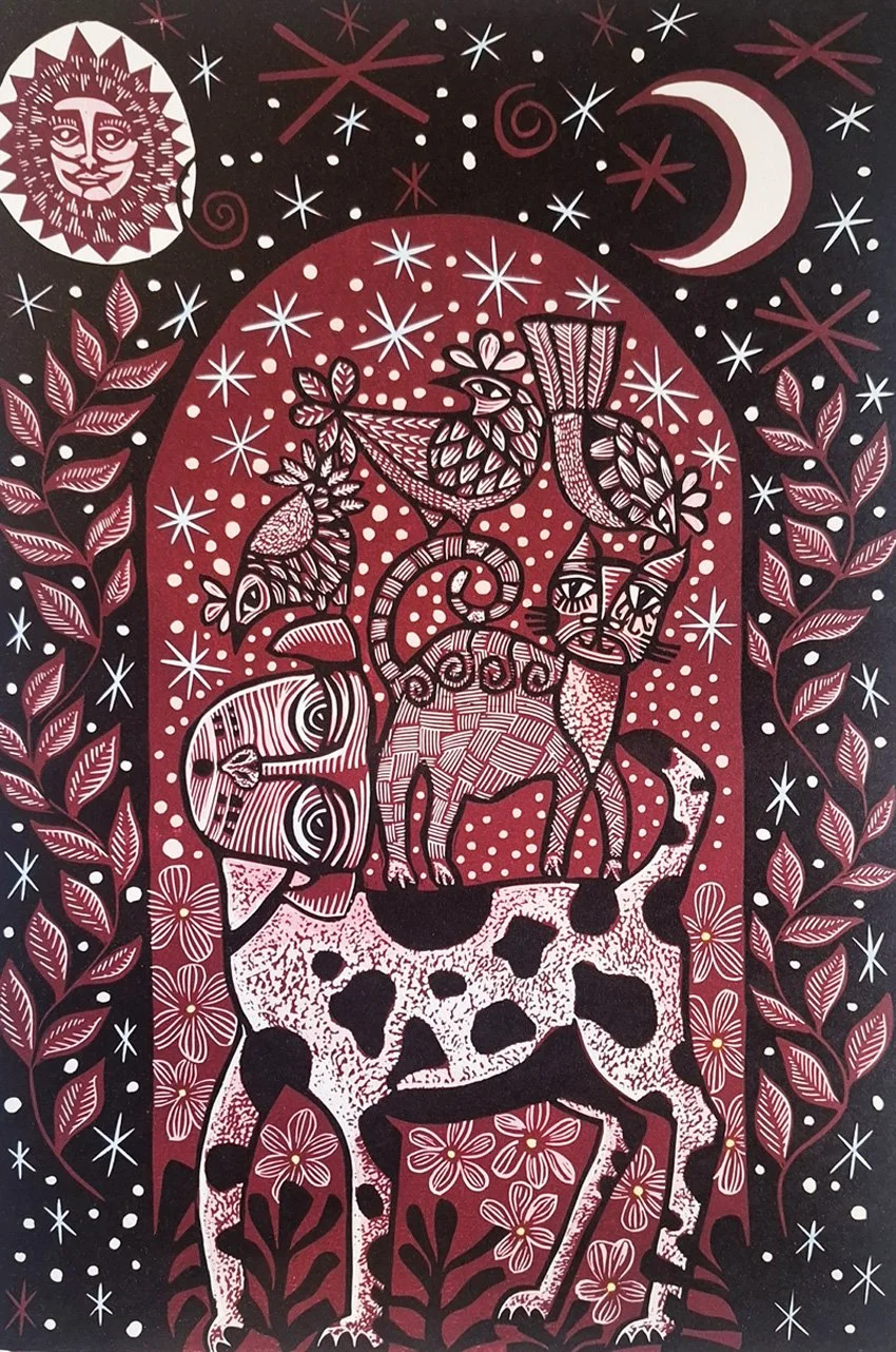 "Crimson fading Kiss To Night", 2026; Original Limited Edition Reduction Lino Print Hand Coloured; Edition of 6; 30cm wide x 45cm high
