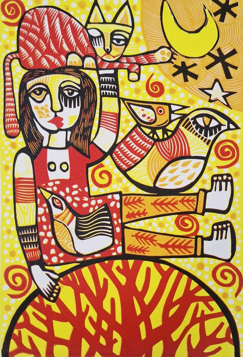 "Red Flame Tree Mayhem", 2025; Original Limited Edition Reduction Hand Coloured Lino Print