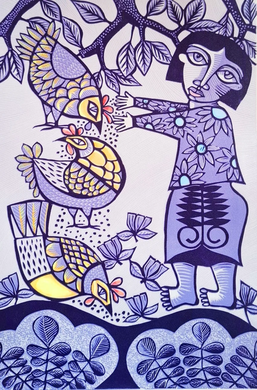 "Feeding Time, Chicken Talk", 2026; Original Limited Edition Reduction Lino Print Hand Coloured; Edition of 6; 30cm wide x 45cm high