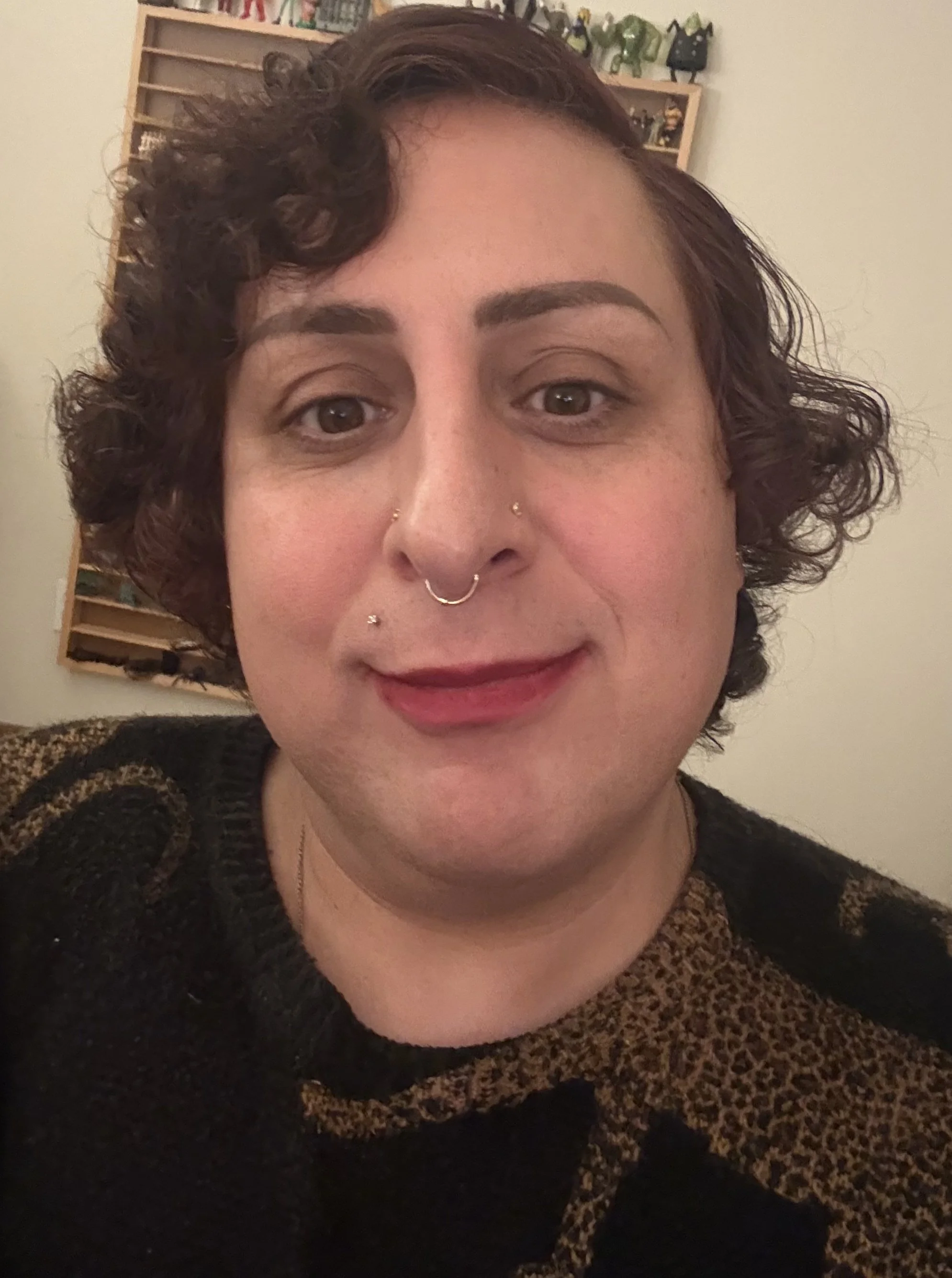A close-up of a person with short, curly brown hair, wearing makeup with lipstick, and earrings. The person has multiple facial piercings, including a septum ring, two nostril studs, and a labret stud. They are wearing a black and leopard print sweater. In the background, there is a wooden shelf with small figurines and toys.