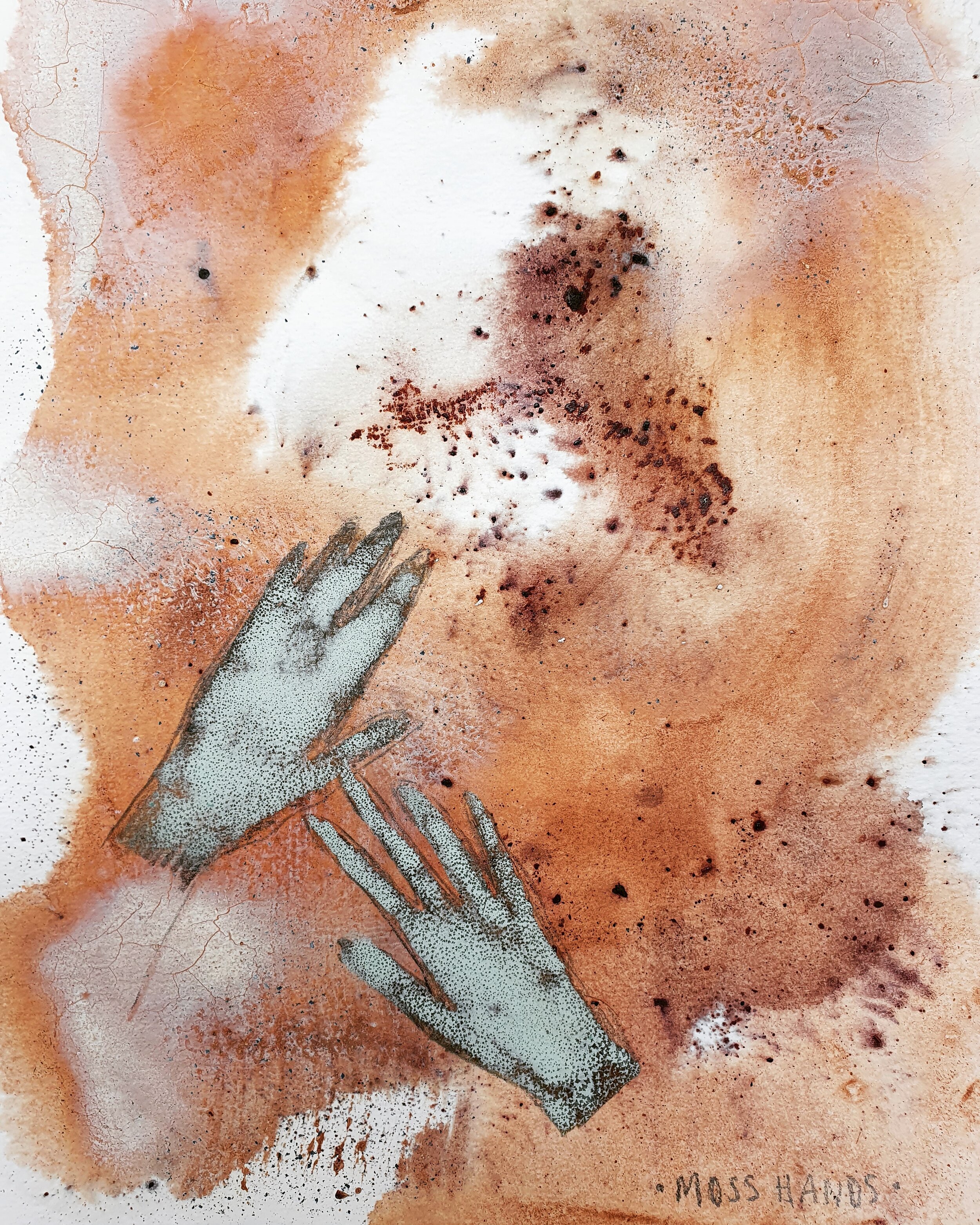 Moss Hands, Copper Oxide Ink and Bloodwood Tree Sap, 21.0 x 29.7 cm, 2020. (FOR SALE).