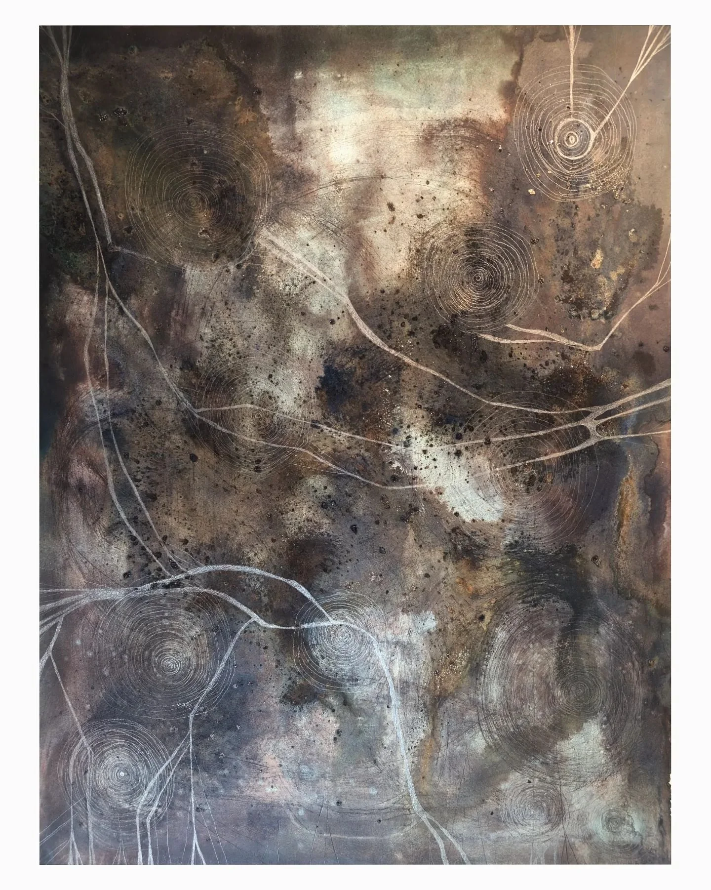Falling through space (a drawing for Achnabreck) | Cyanotype, Salt, Watercolour, Bloodwood Tree Sap, Glitter and Graphite on 300gsm Watercolour Paper | 56 x 76 cm | 2024. 

(The first image is the whole artwork and the following are close-ups of the 