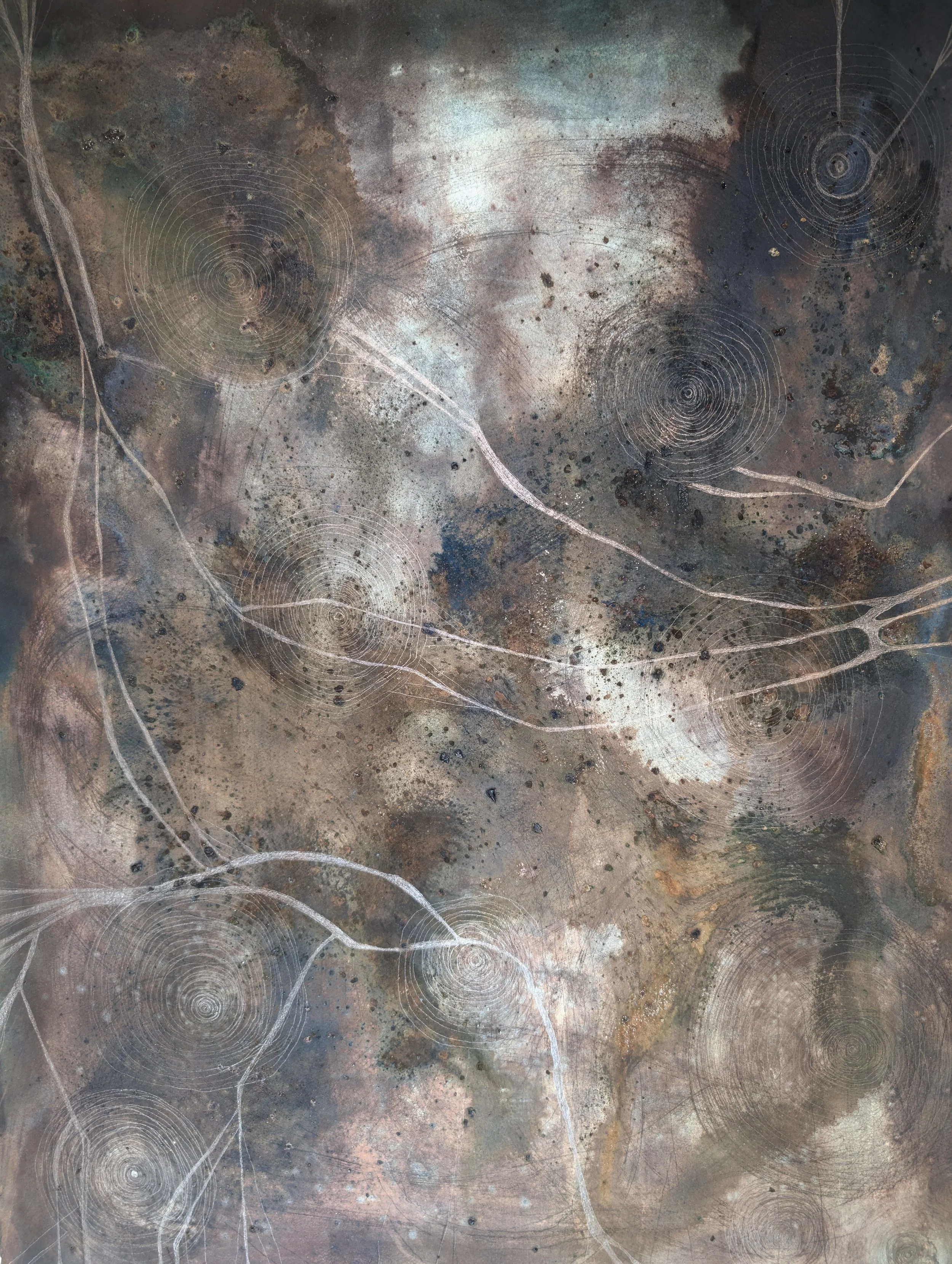 Falling through space (a drawing for Achnabreck) | Cyanotype, Salt, Watercolour, Bloodwood Tree Sap, Glitter and Graphite on 300gsm Watercolour Paper | 76 x 56 cm | 2024.