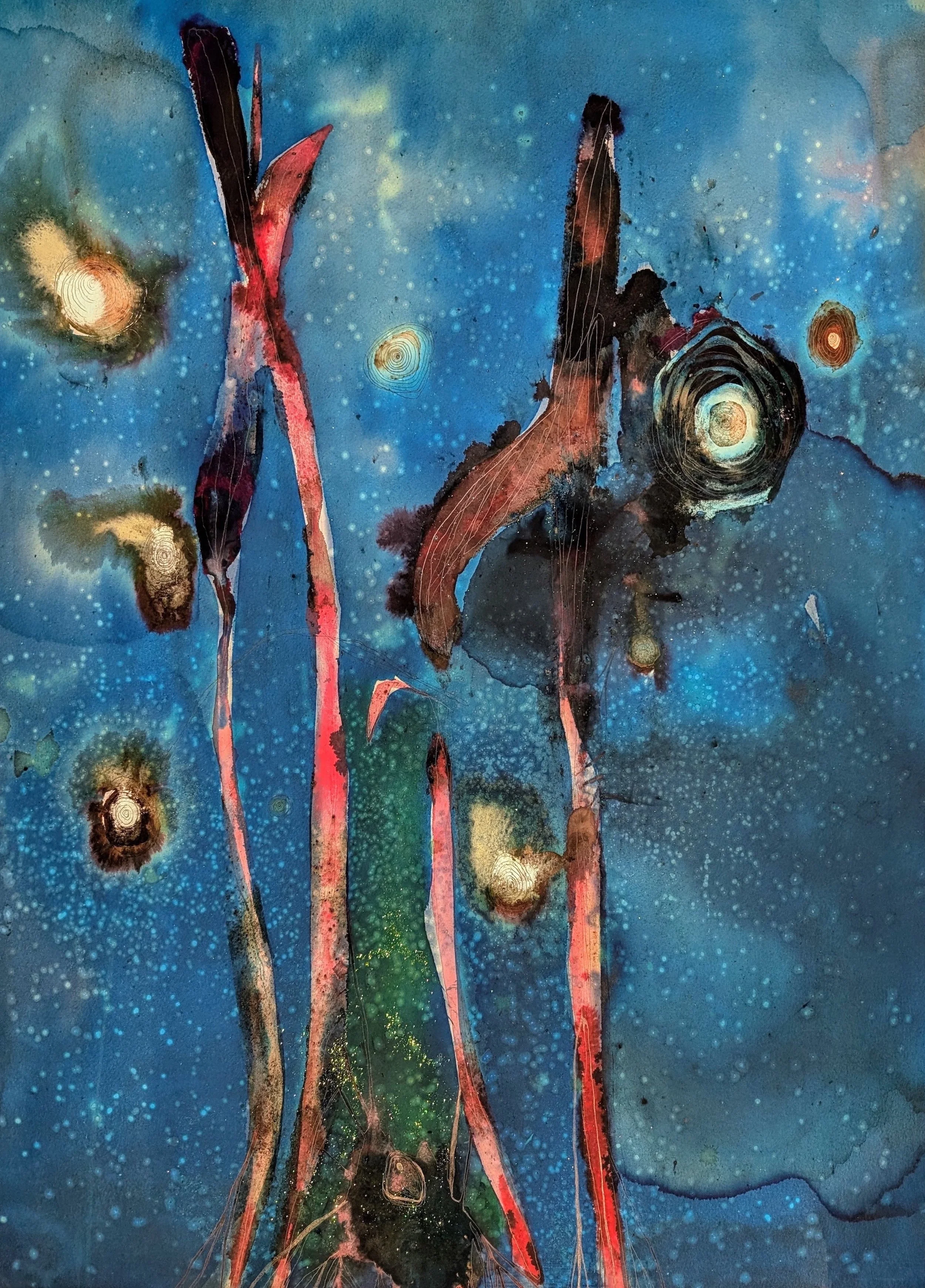 Falling through space (Moss mother's tongue) | Cyanotype, Salt, Watercolour, Bloodwood Tree Sap, Copper Oxide Ink, Glitter and Graphite on 300gsm Watercolour Paper | 76 x 56 cm | 2024.