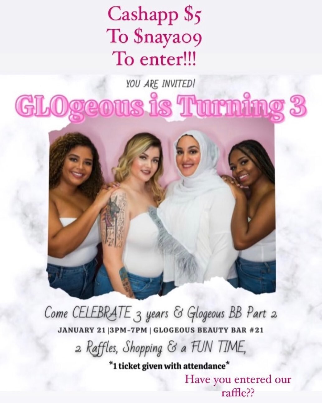 Have you entered our raffle?!?! 

There are two raffles!! 

1 ticket given with attendance to GLOgeous&rsquo; 3rd birthday party tomorrow for a chance to win:
Sugar wax - Brazilian /Full Bikini OR Classic FACIAL!!!! 

Come hang from 4-7 pm! 
 
The se