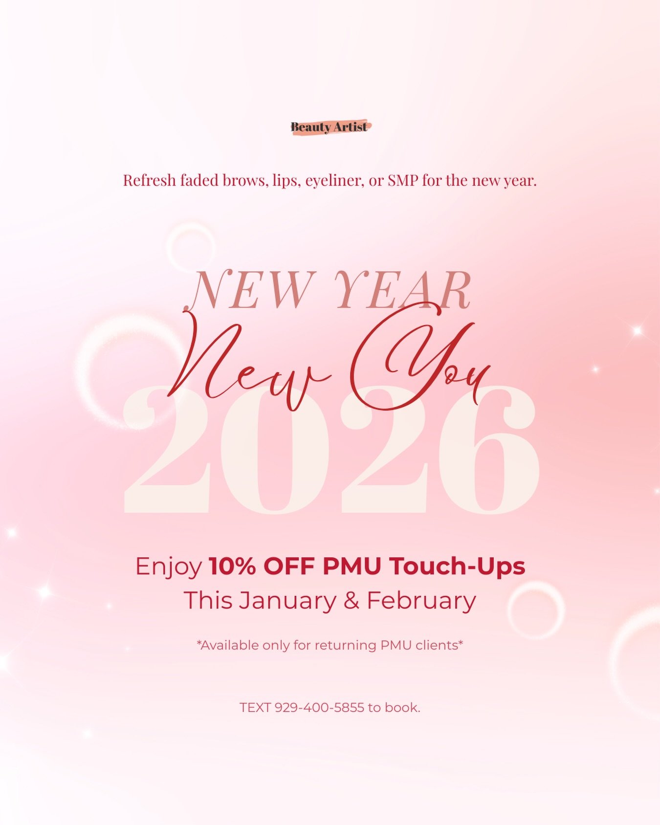 ✨ 𝐍𝐞𝐰 𝐘𝐞𝐚𝐫, 𝐍𝐞𝐰 𝐘𝐨𝐮 &mdash; 𝐏𝐌𝐔 𝐓𝐨𝐮𝐜𝐡-𝐔𝐩 𝐏𝐫𝐨𝐦𝐨⁠ Refresh faded brows, lips, eyeliner, or SMP and bring them back to life.⁠
⁠
10% OFF PMU touch-ups in January &amp; February⁠.⁠
✴️ Available only for returning PMU clients.⁠
⁠