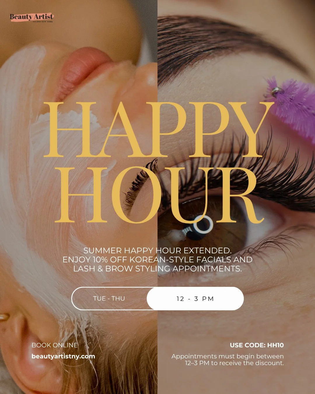 ✨ Summer Happy Hour Extended ✨⁠
⁠
Your weekday self-care just got even better!
⁠
Enjoy 10% OFF 𝙆𝙤𝙧𝙚𝙖𝙣-𝙨𝙩𝙮𝙡𝙚 𝙛𝙖𝙘𝙞𝙖𝙡𝙨 𝙖𝙣𝙙 𝙡𝙖𝙨𝙝 &amp; 𝙗𝙧𝙤𝙬 𝙨𝙩𝙮𝙡𝙞𝙣𝙜 𝙖𝙥𝙥𝙤𝙞𝙣𝙩𝙢𝙚𝙣𝙩𝙨 every Tuesday&ndash;Thursday from 12&ndash;3 