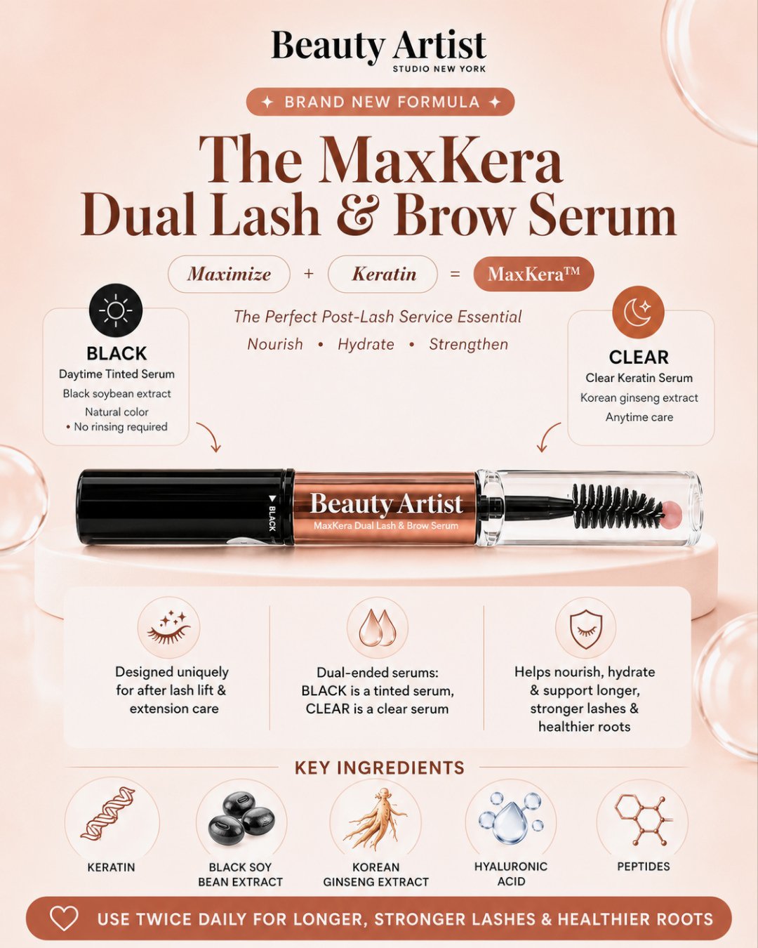 Meet the MaxKera Dual Lash &amp; Brow Serum &mdash;⁠
your new post-lash service essential ✨⁠
⁠
A dual-ended serum designed to nourish, hydrate, strengthen, and support healthier-looking lashes and brows with every use.⁠
⁠
BLACK: a daytime tinted seru