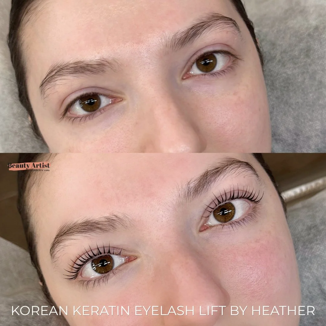 The difference a Korean Keratin Lash Lift can make ✨⁠
✔️ Beautifully performed by @heather.beautyartistny 
⁠
Unlike a traditional lash lift, this advanced glue-free technique uses a nourishing keratin balm instead of adhesive to lift and shape the la