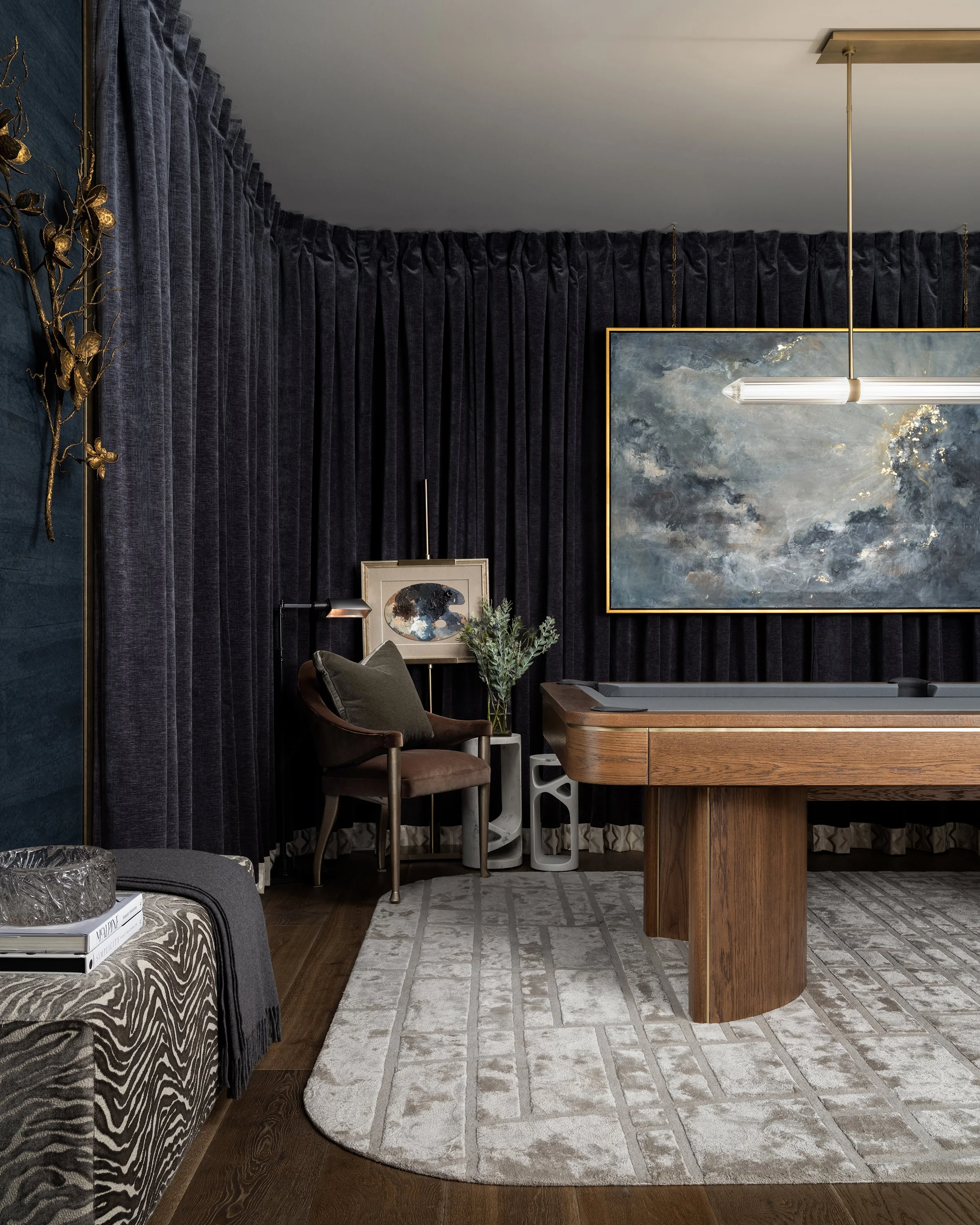 Pool table with fabric panels and painting