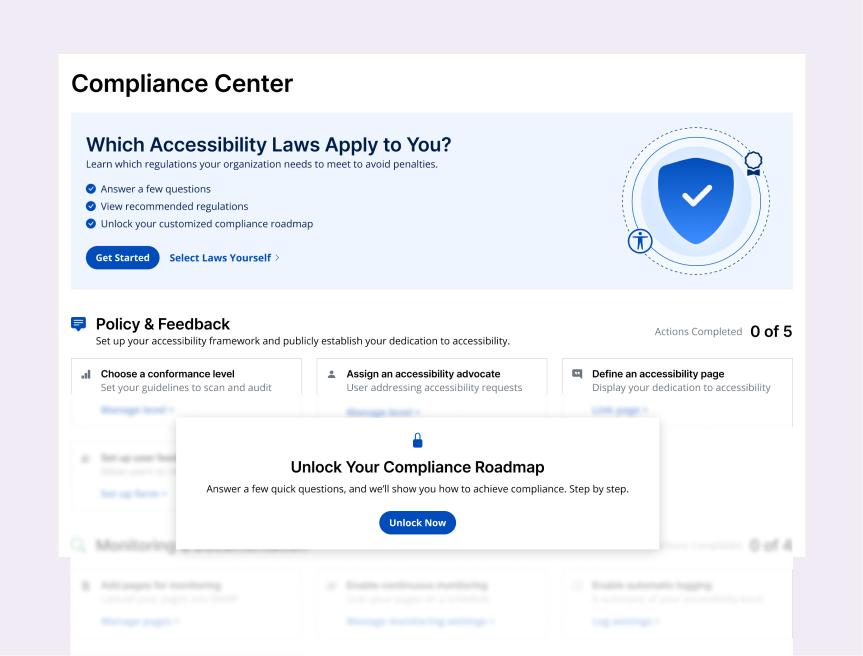 Compliance Center preview with a locked roadmap prompting users to take the guided quiz or select regulations themselves.