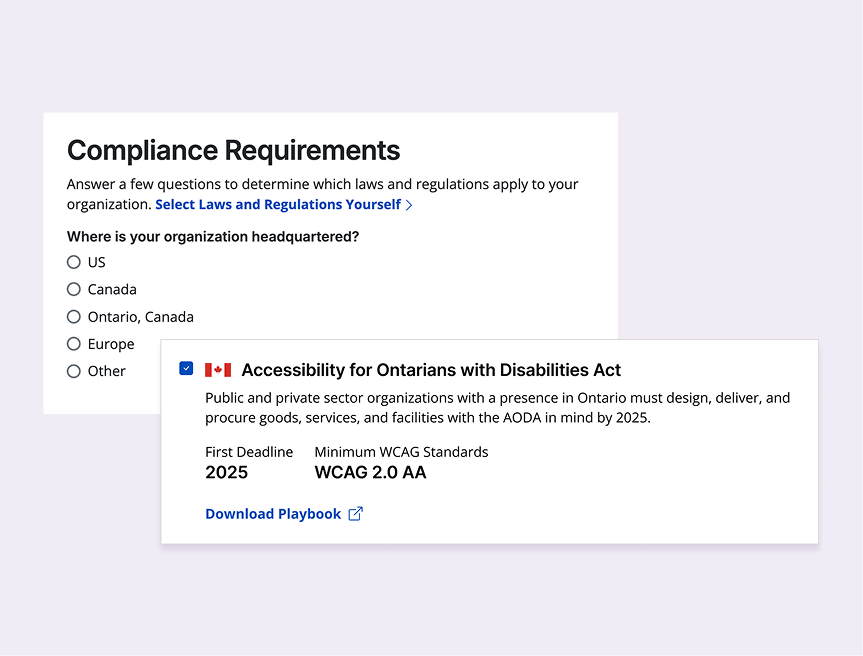 Compliance requirements quiz with a recommended accessibility regulation based on the user’s answers.