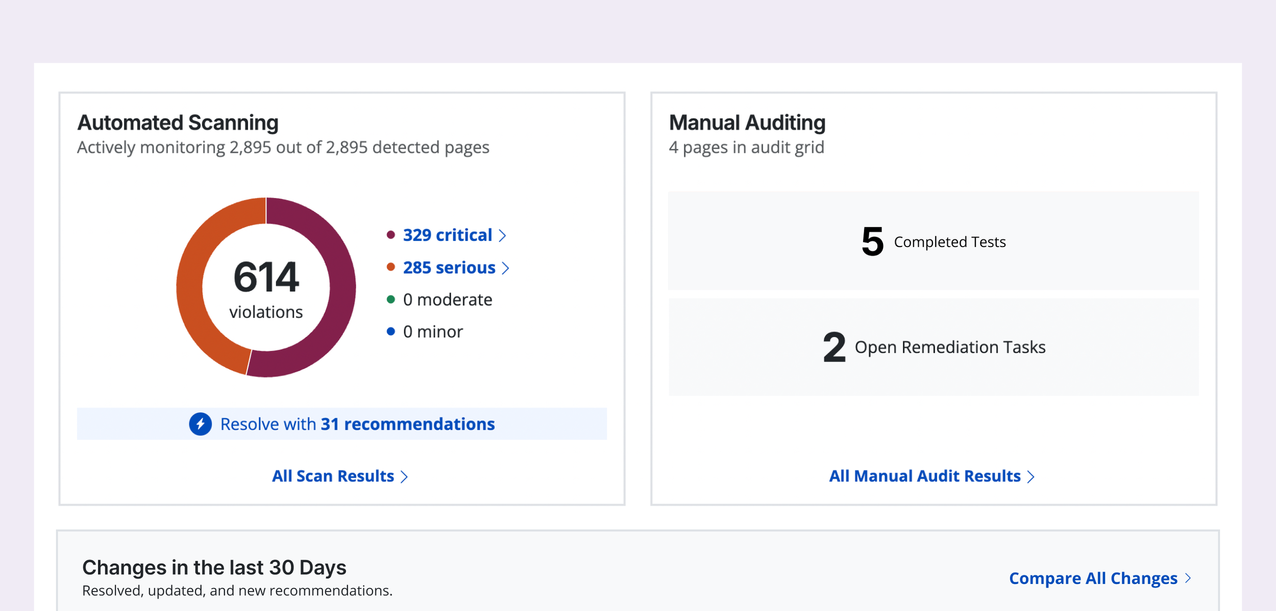 Dashboard showing automated scanning and manual auditing side by side. The manual auditing panel shows four pages in the audit grid, five completed tests, and two open remediation tasks.