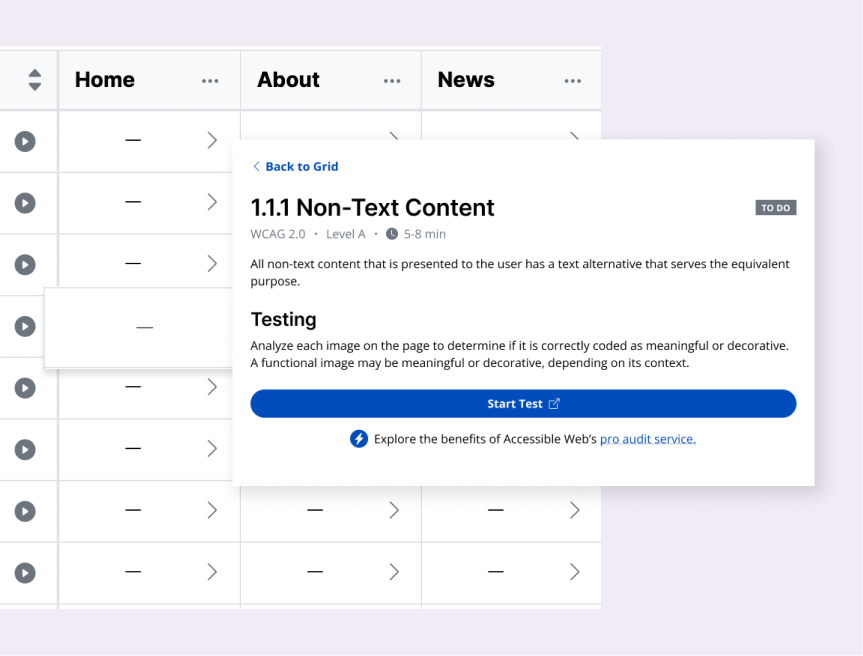 Manual audit grid with an enlarged grid cell and a testing overview modal.