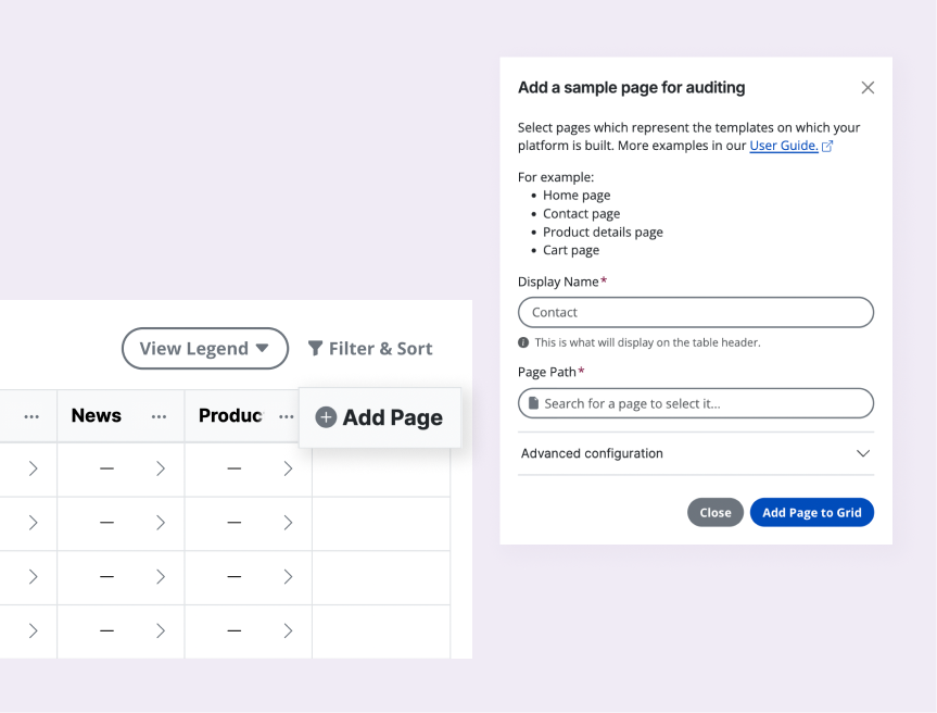 Manual audit grid with an enlarged Add Page button alongside a modal to add pages for auditing.