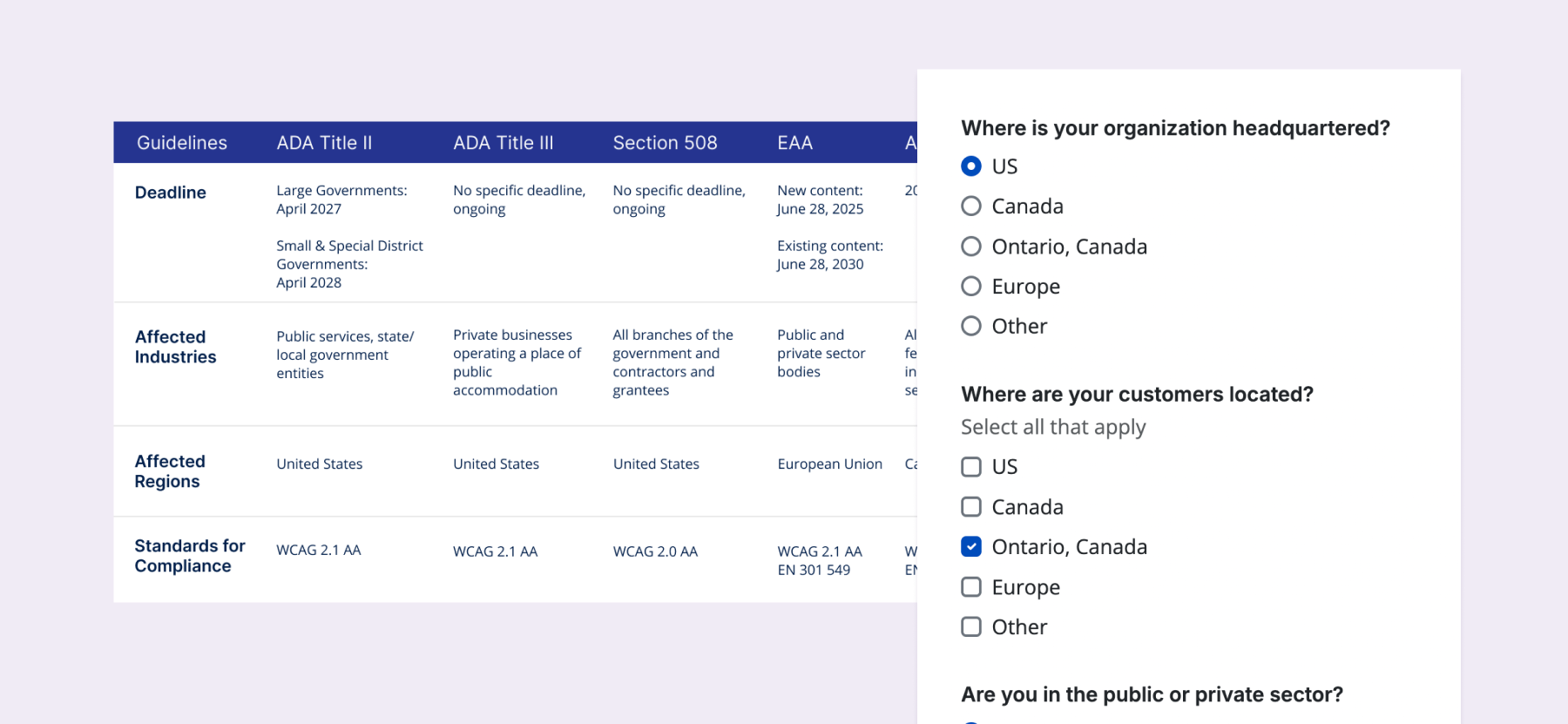 A comparison table of the major accessibility regulations alongside the questionnaire.