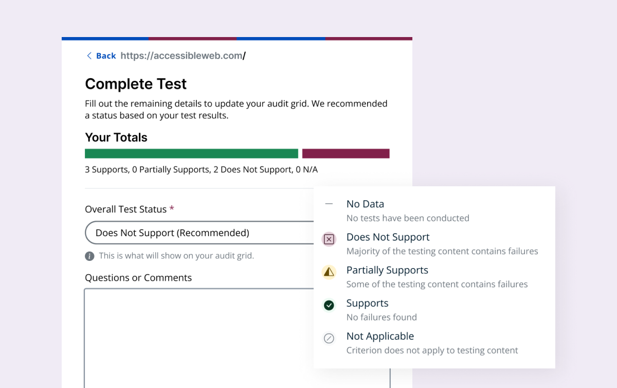A preview of the old workflow showing a status dropdown after completing a test.