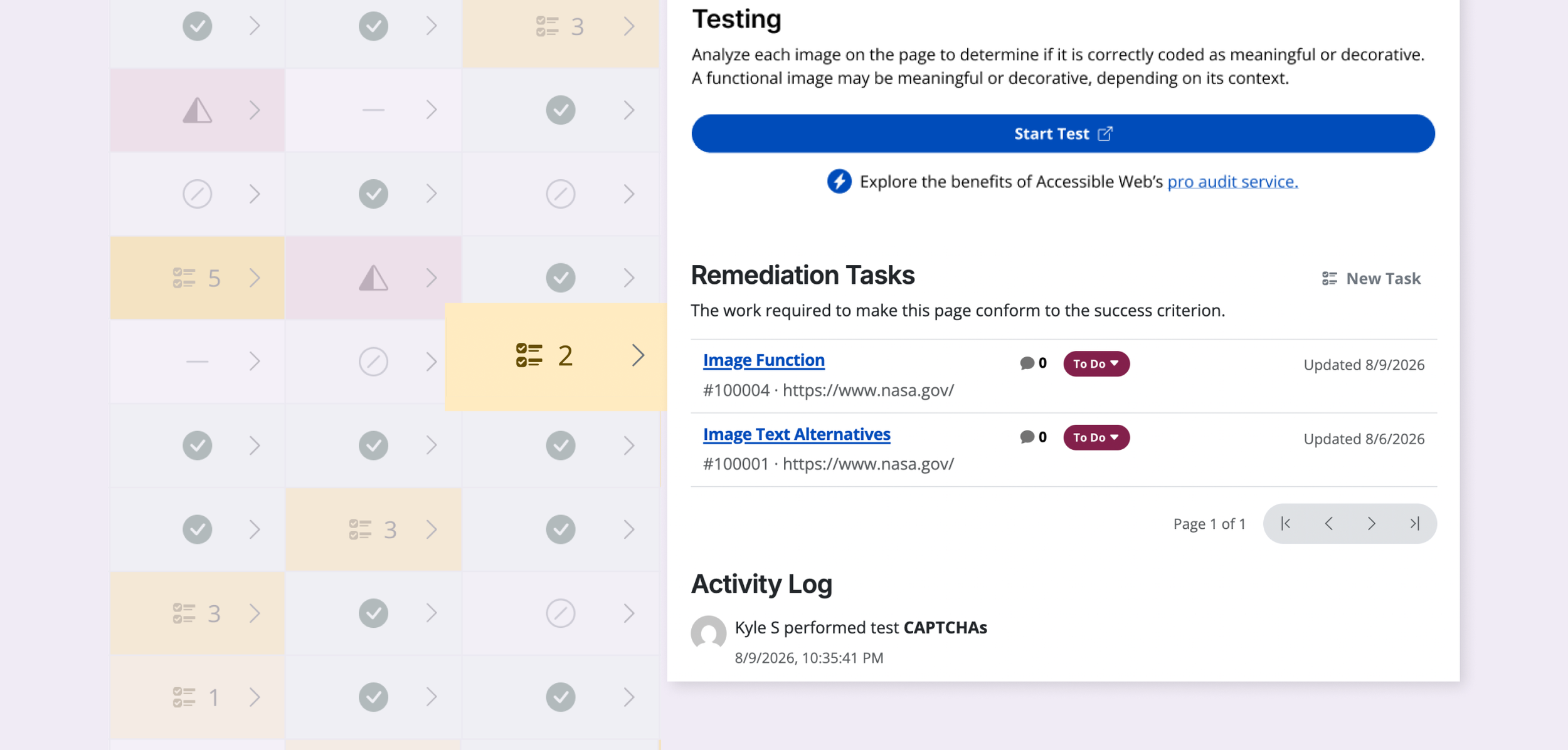 Audit grid with an open cell detail panel showing two remediation tasks and an activity log, demonstrating how users can drill into the work behind a cell’s status.
