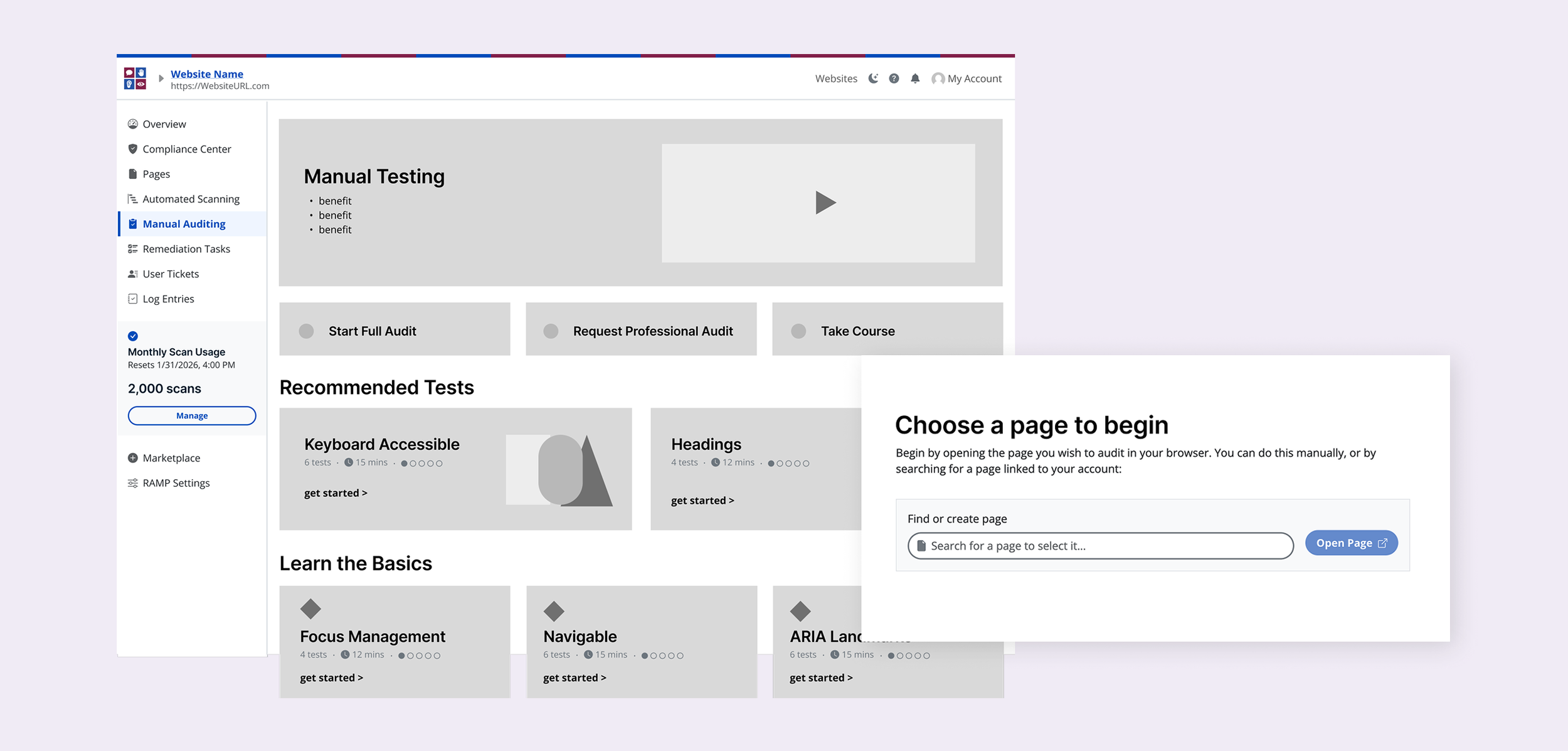Early concept for RAMP’s manual auditing experience, showing recommended test groups by difficulty and a page-selection step before launching a test.