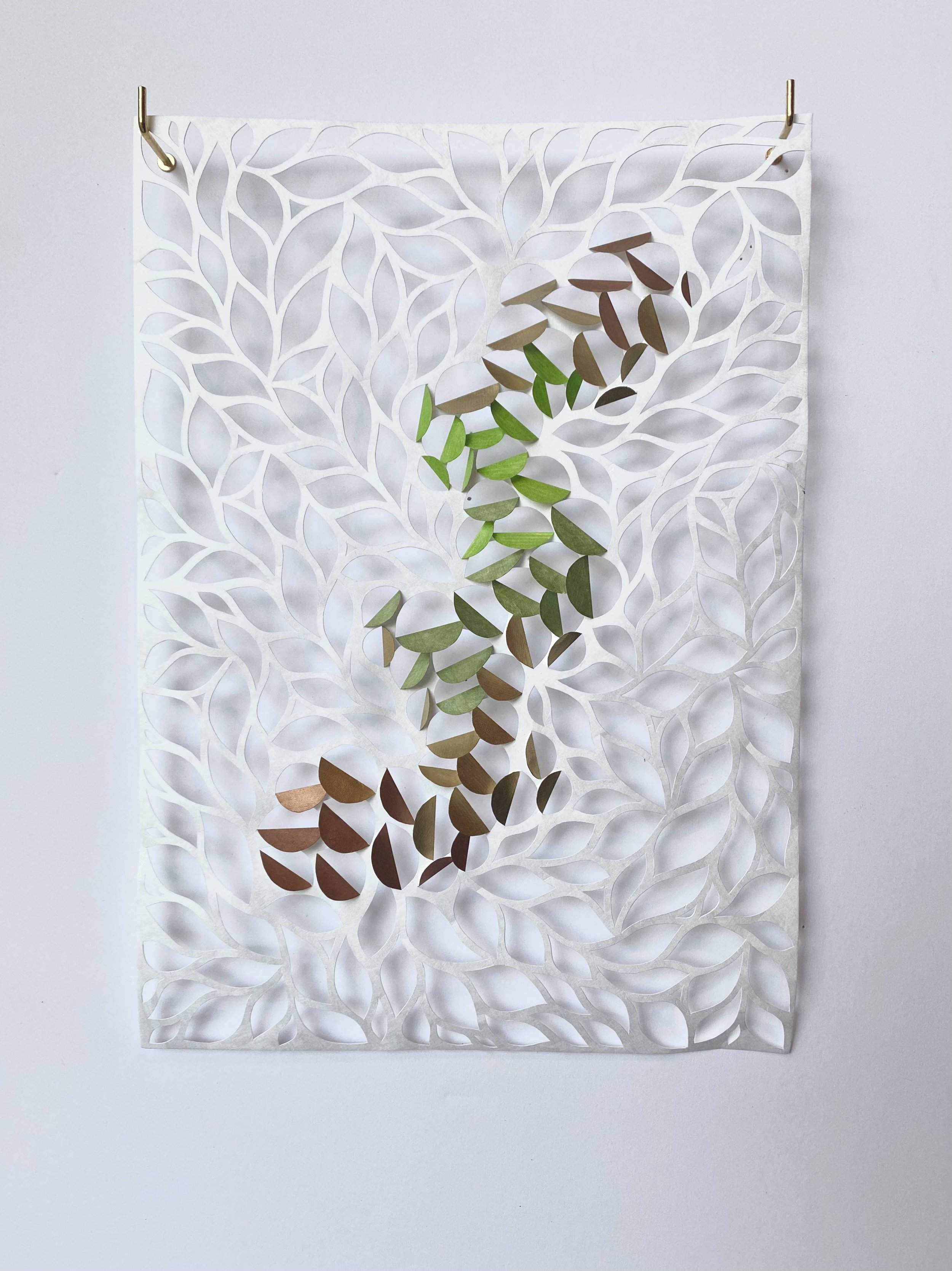 "Dappled Light: Olive #1", 2021, 8.25" x 11.75", oil-based paint and permanent marker on hand-cut tyvek, SOLD