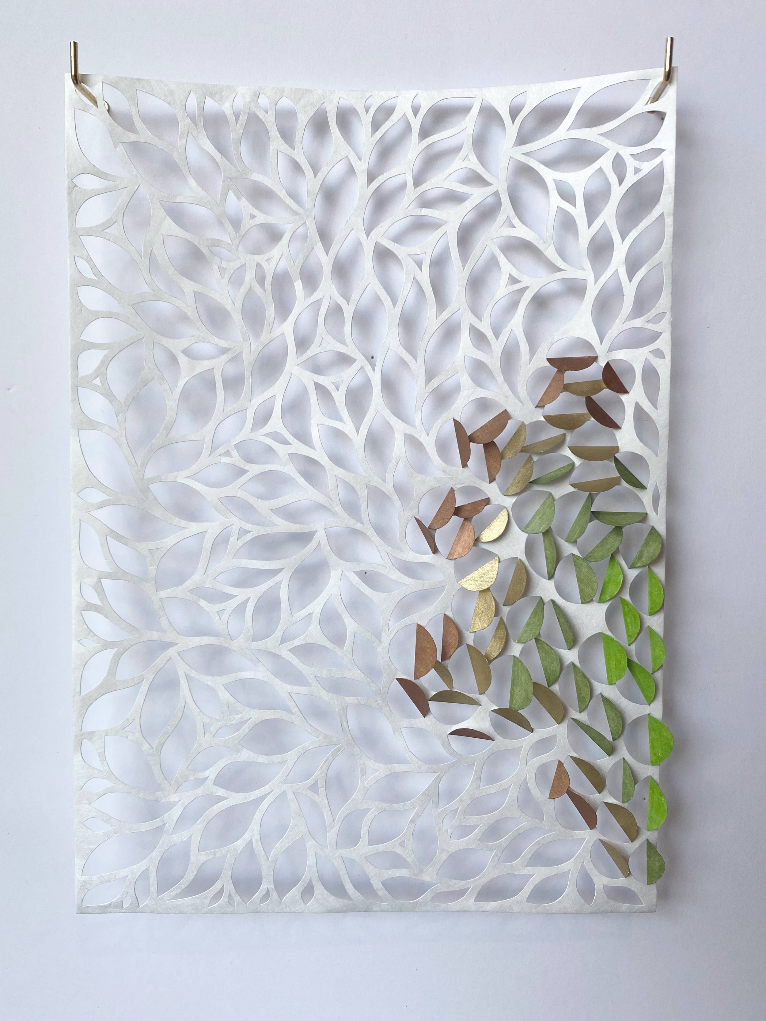 "Dappled Light: Olive #2", 2021, 8.25" x 11.75", oil-based paint and permanent marker on hand-cut tyvek, $150 (regularly $180)