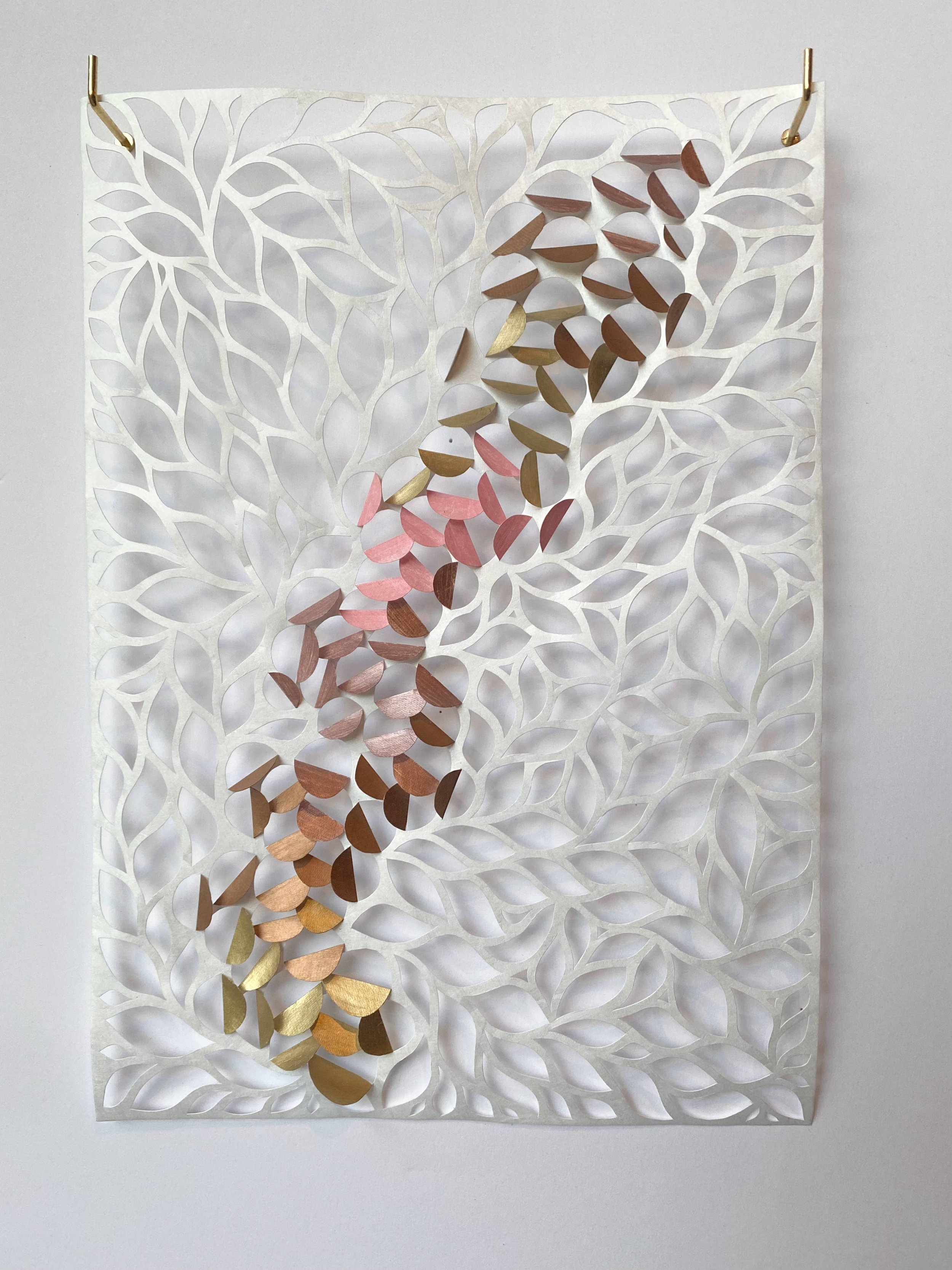 "Dappled Light: Rose #1", 2021, 8.25" x 11.75", oil-based paint and permanent marker on hand-cut tyvek, $150 (regularly $180)