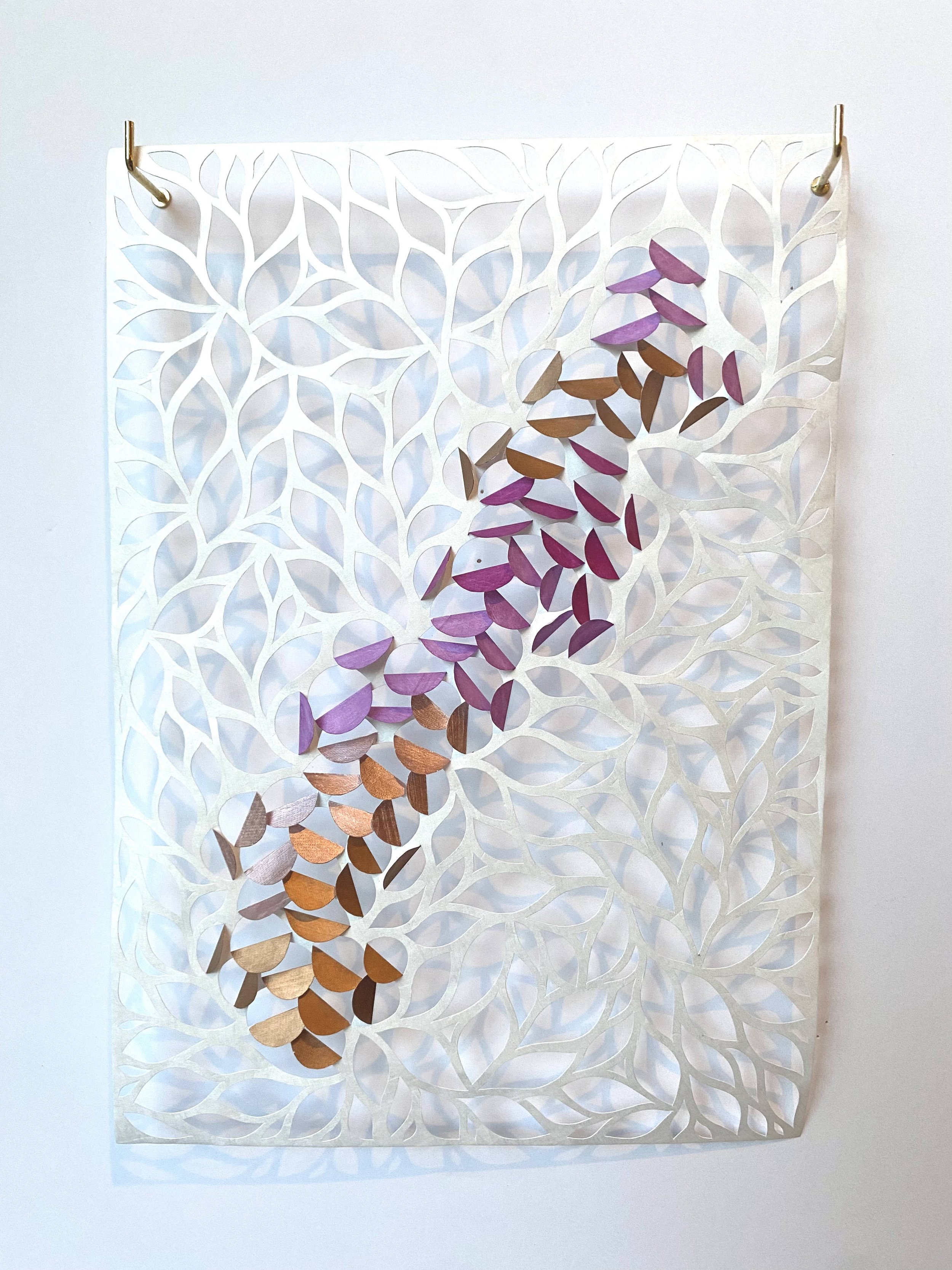"Dappled Light: Lilac #1", 2021, 8.25" x 11.75", oil-based paint and permanent marker on hand-cut tyvek, $150 (regularly $180)