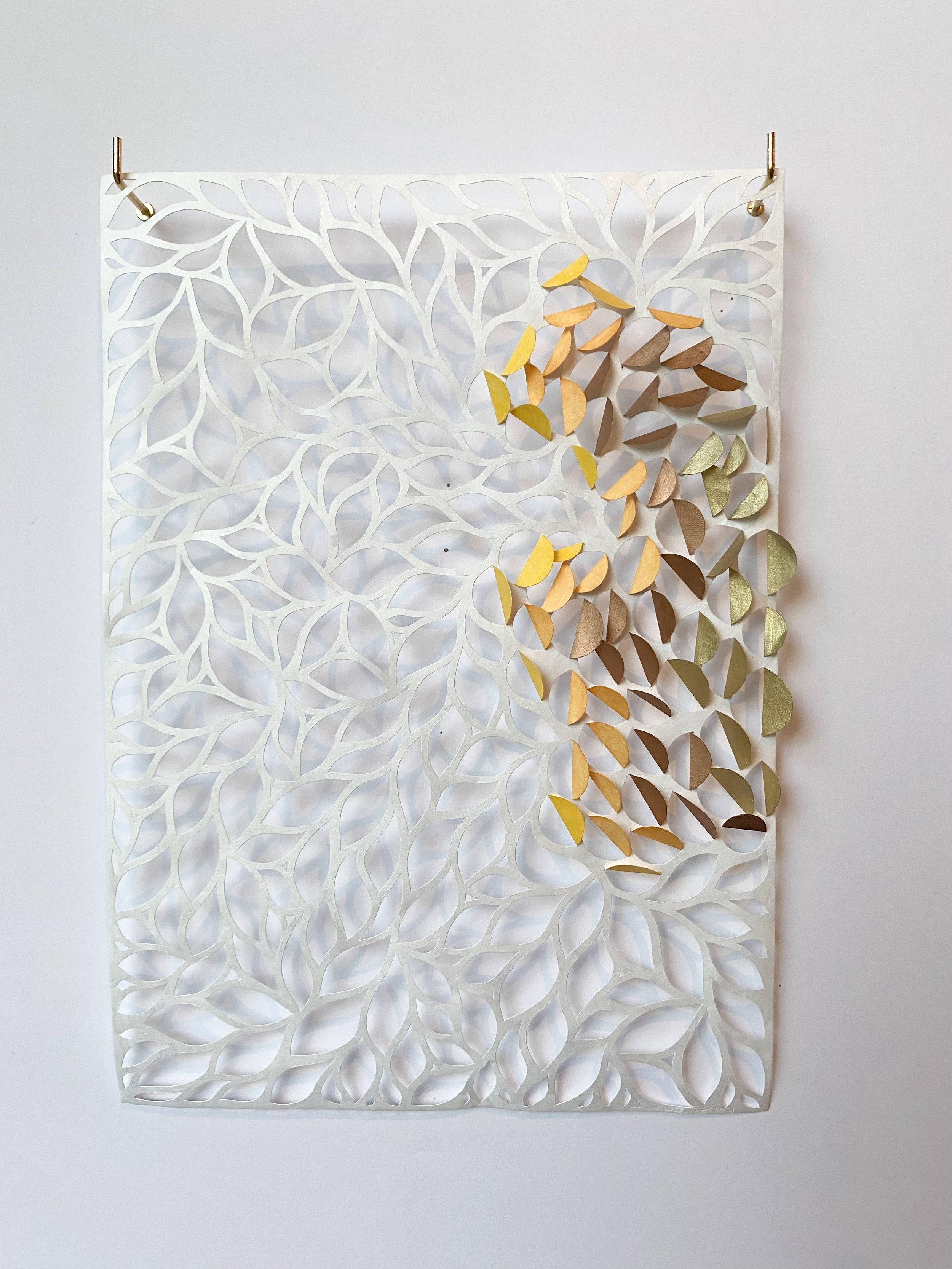 "Dappled Light: Autumn Yellow #2", 2021, 8.25" x 11.75", oil-based paint and permanent marker on hand-cut tyvek, $150 (regularly $180)