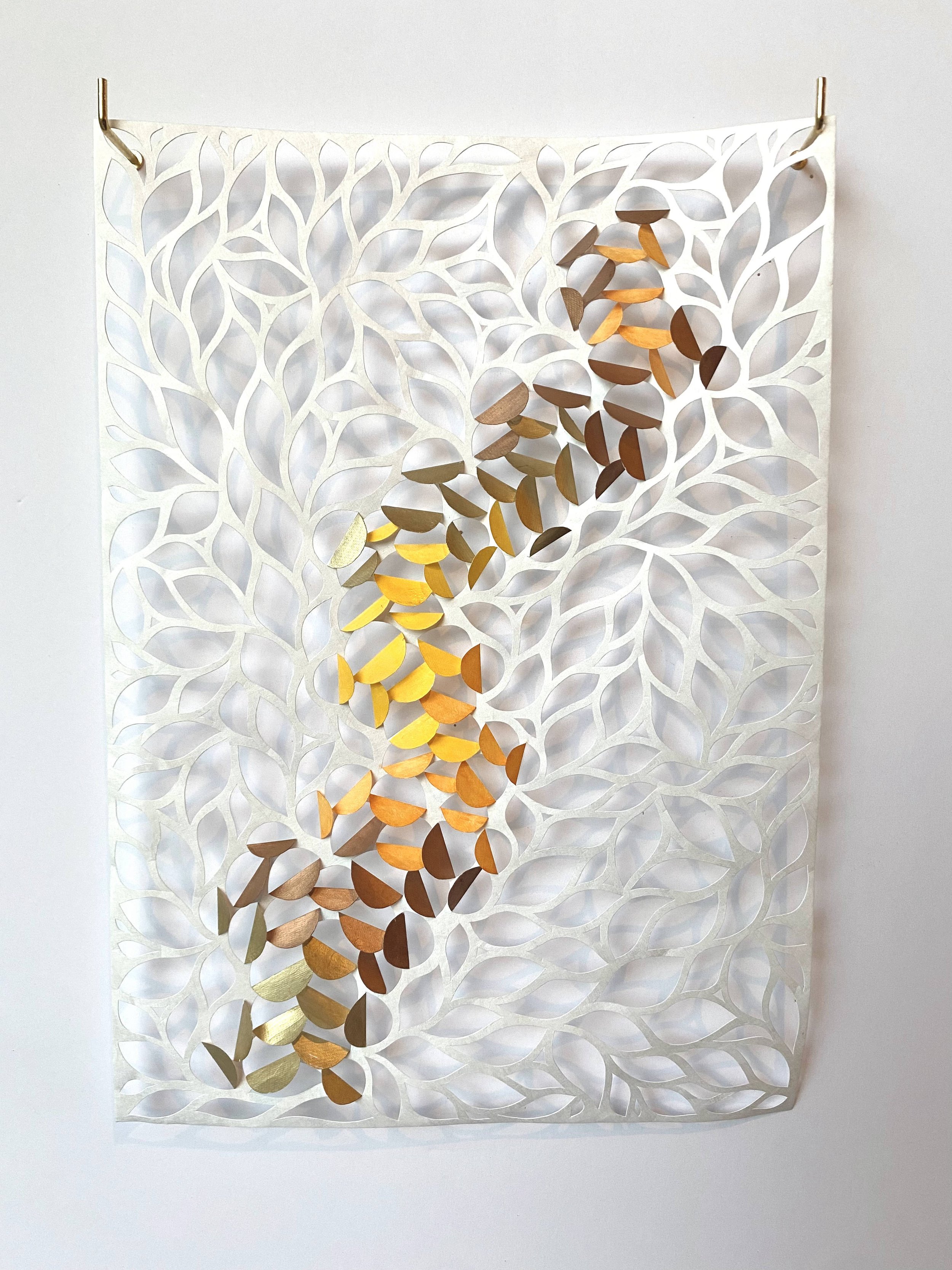 "Dappled Light: Autumn Yellow #1", 2021, 8.25" x 11.75", oil-based paint and permanent marker on hand-cut tyvek, $150 (regularly $180)