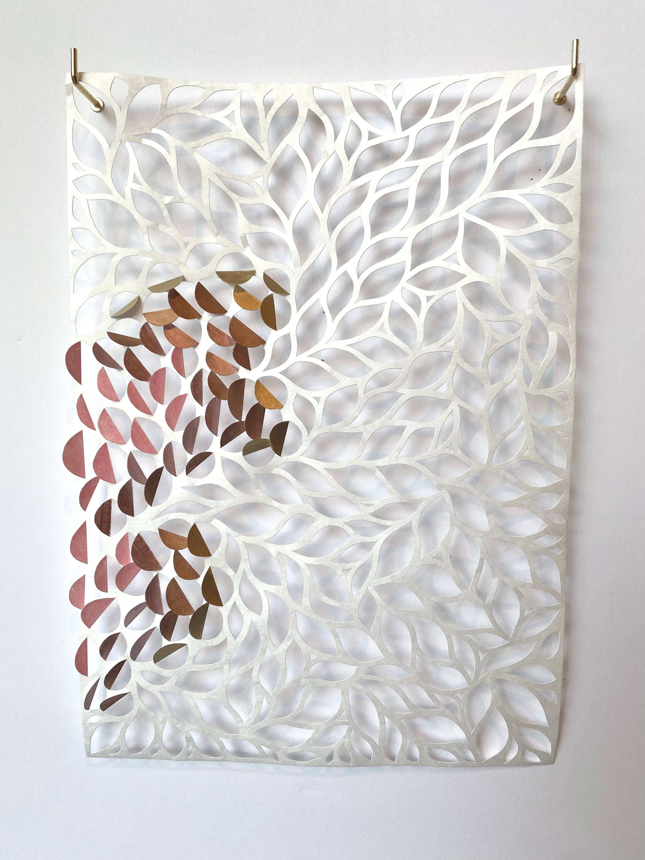 "Dappled Light: Rose #2", 2021, 8.25" x 11.75", oil-based paint and permanent marker on hand-cut tyvek, $150 (regularly $180)