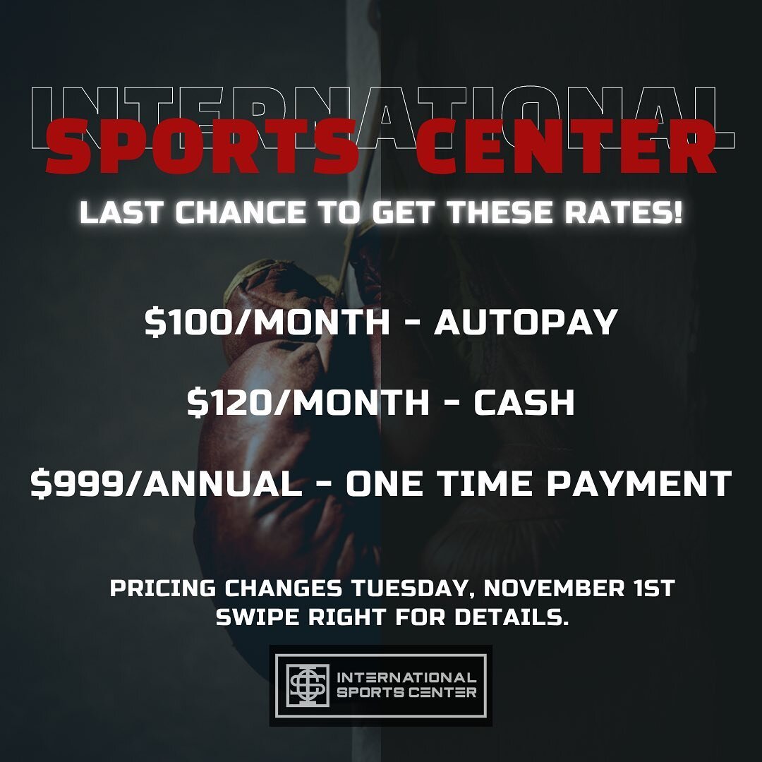 Don&rsquo;t miss out! Sign up now to get these amazing rates!!
ISC&rsquo;s pricing will increase Tuesday, November 1st. 
Swipe right for more details🥊