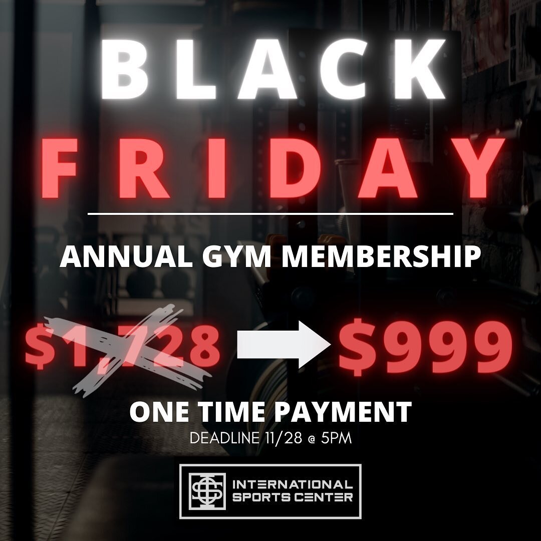 Black Friday is almost here! The ISC is offering a savings of $729!! You don&rsquo;t wanna miss this. 
Black Friday Deal is for gym memberships only. If you purchase this option and would like to participate in club classes additional fees will apply
