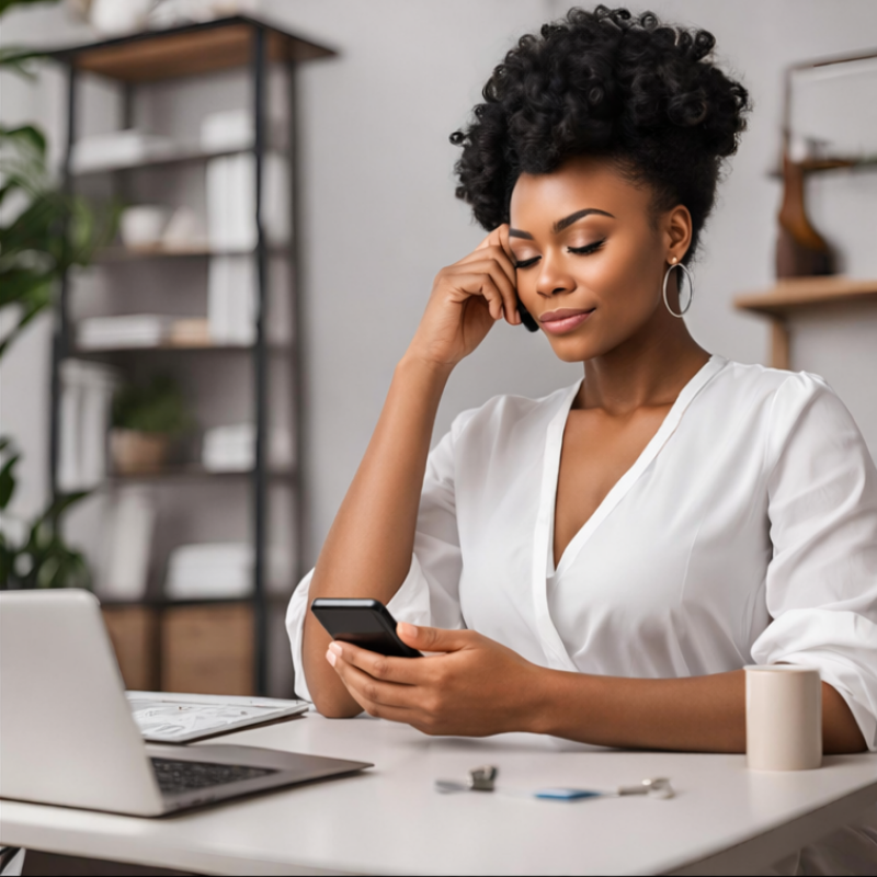 Black Female Entrepreneur looking at mobile device.
