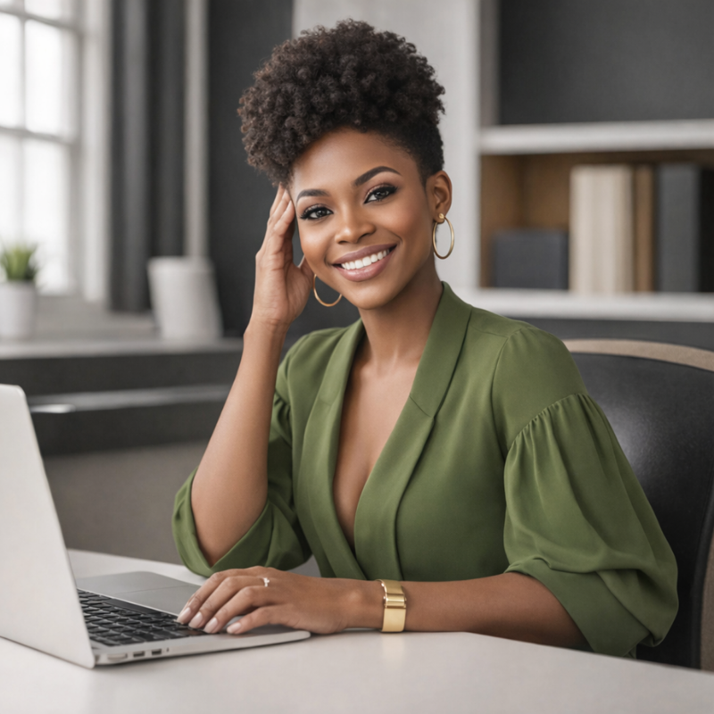 Black Female Entrepreneur sitting at desk with a laptop.