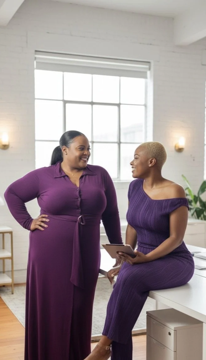 Both co-founders of 22nd and Tech  looking at each other, one is standing and one is sitting on a desk.