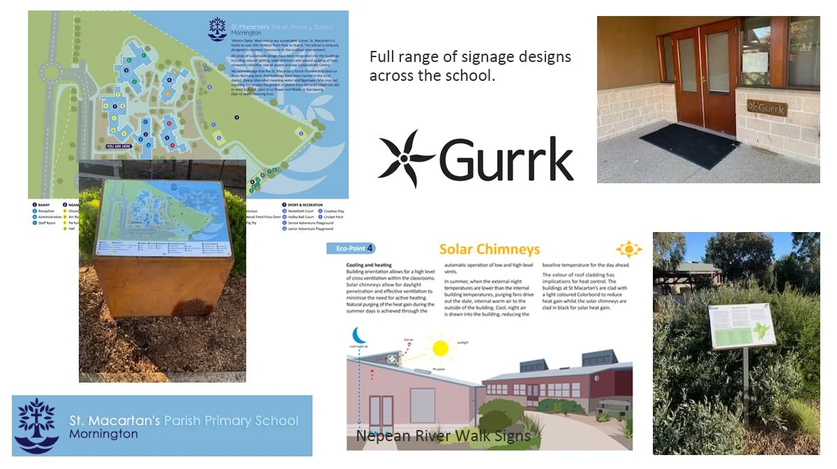 St Macartan's Parish Primary School - Interpretative signage for wayfinding and sustainability modules. Worked with Bunurong Land Council Aboriginal Corporation to give indigenous names to the classroom pods.