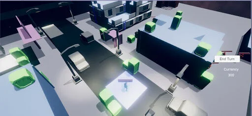 The main map of our game, featuring control points, obstacles, currency, and height advantage.