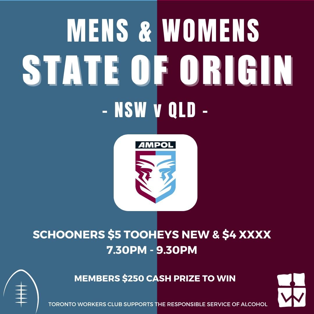 Join us in the Main Lounge for the Men's &amp; Women's State of Origin on the BIG screen!

This Week:
Wednesday 5th June 2024 (Men's)
Thursday 6th June 2024 (Women's)

🍺 Schooner Special $5 Tooheys New &amp; $4 XXXX 7.30pm to 9.30pm
💵 Members have 