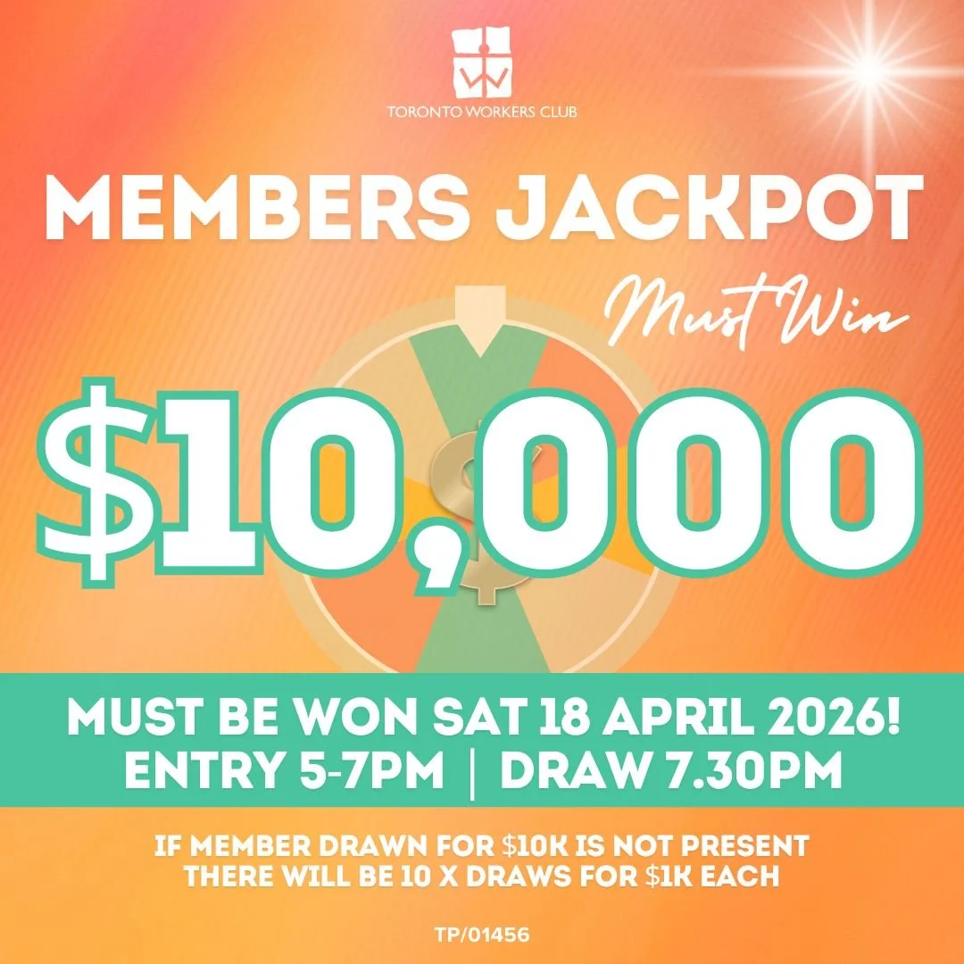 💰 $10,000 to be WON! Our Jackpot Wheel has reached MUST WIN status and will be drawn Saturday 18th April 2026.
ENTRY: Swipe member&rsquo;s card when you make a food or beverage purchase between 5-7pm for 1 entry
DRAW: 7.30pm - Member name drawn WINS