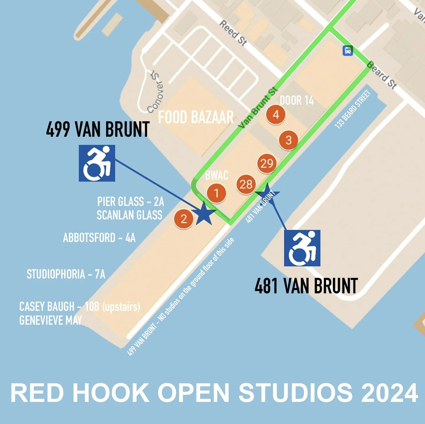 RED HOOK OPEN STUDIOS - Accessibility Map
⬆️⬇️Elevators available at 499 VAN BRUNT + 481 VAN BRUNT + 133 BEARD 

🚕🚙🚗 You can drive through the parking lot to get dropped off at the door.

🟨 481 VAN BRUNT - elevator is at the 7th door, in front of
