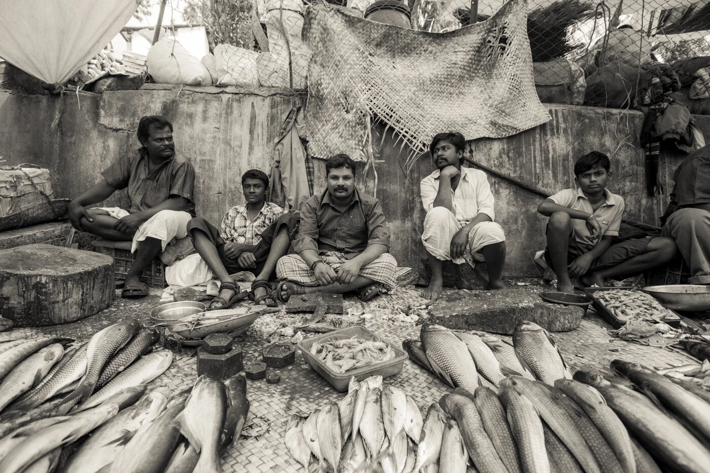 A group of five men and boys sitting on the ground behind a fish market stall with fresh fish in the foreground, in a street setting with bags and coverings behind them.
