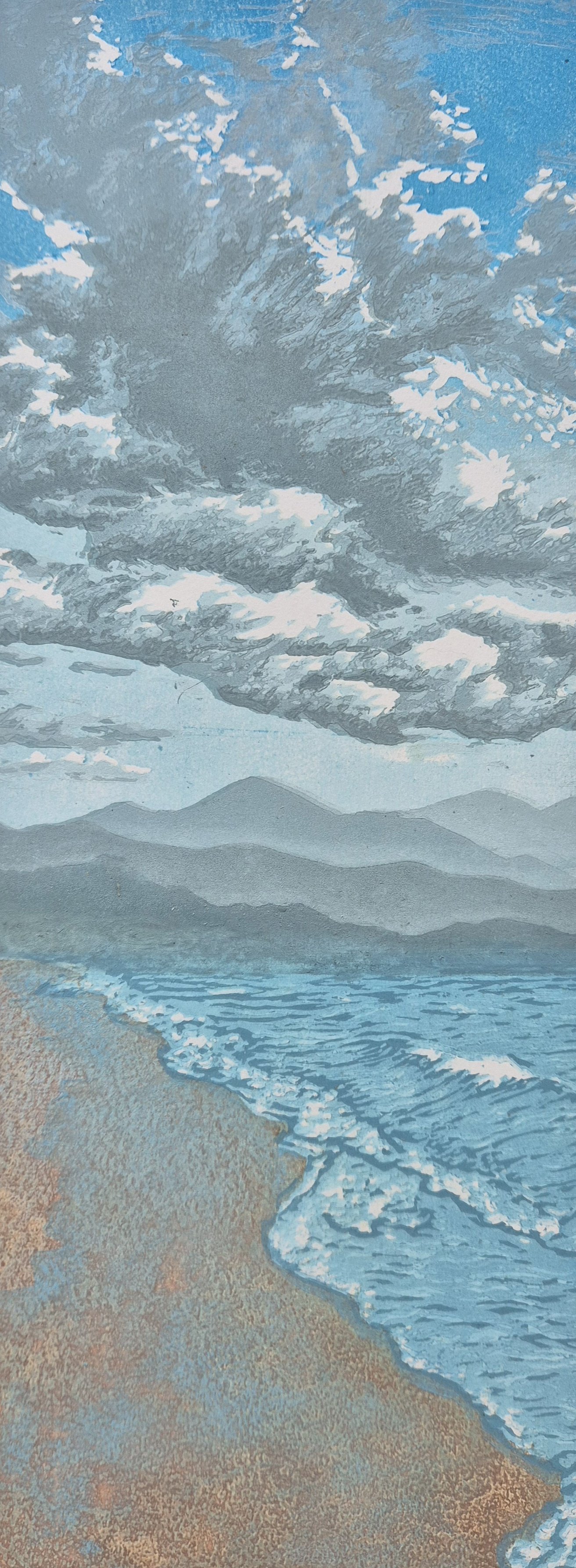   Tidal Relief  
 
Reduction Woodcut edition of 4
 
42cm h x 15cm w
 
(16 x 6 inhes)
 
NZ$450.00 (unframed