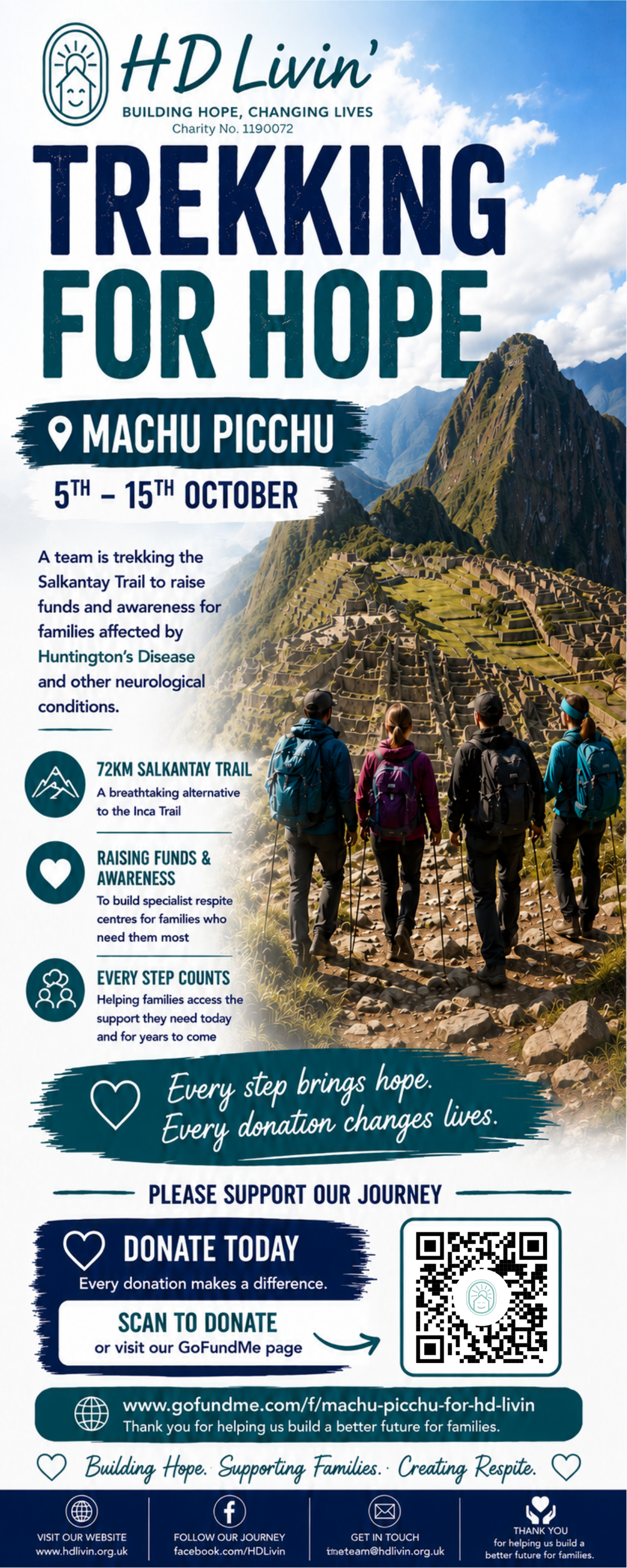 A promotional poster for 'Trekking for Hope' event at Machu Picchu, organized by HD Livin', taking place from October 5th to 15th. Features a photograph of four hikers with backpacks walking towards Machu Picchu. The poster includes details about fundraising for Huntington's Disease, with a QR code and donation information, and mentions the event's goal to support families affected by neurological conditions.